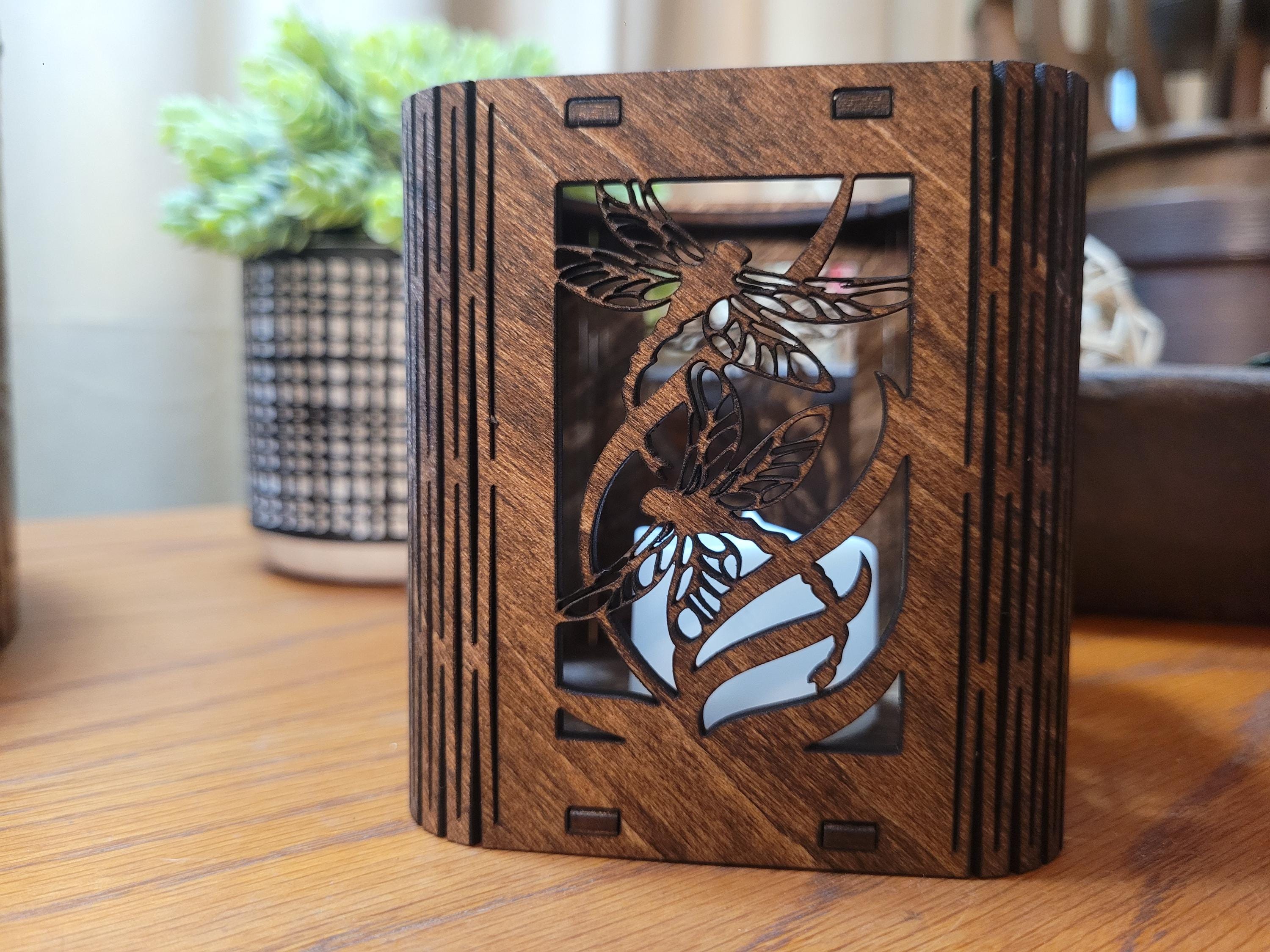 Dragonfly Tea Light Lantern: Laser Cut corners. Wooden Candle Holder. Unique Housewarming & Birthday Gift