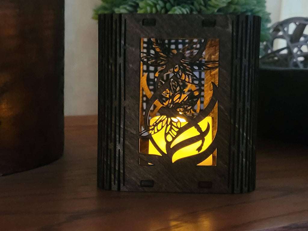 Dragonfly Tea Light Lantern: Laser Cut corners. Wooden Candle Holder. Unique Housewarming & Birthday Gift