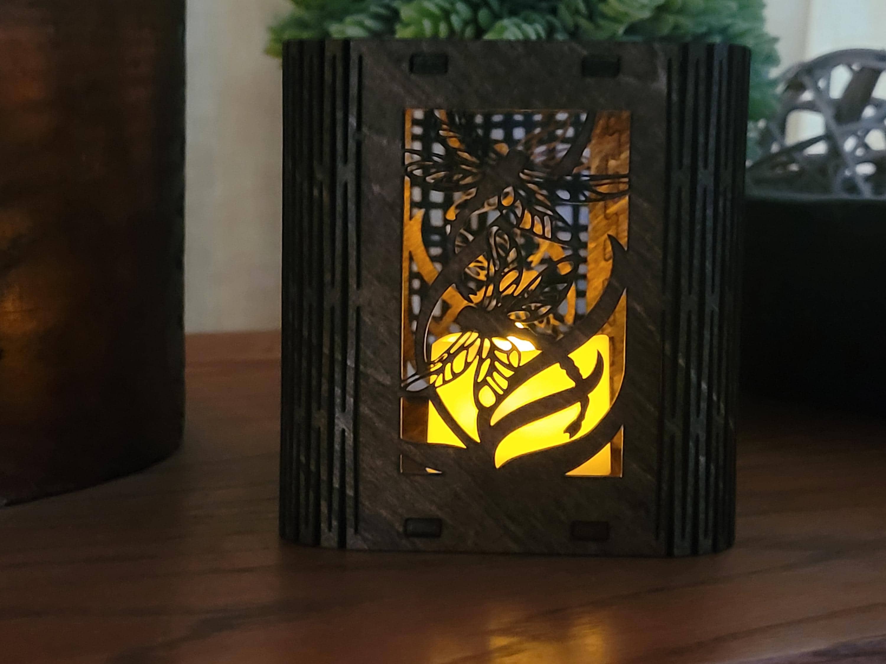 Dragonfly Tea Light Lantern: Laser Cut corners. Wooden Candle Holder. Unique Housewarming & Birthday Gift