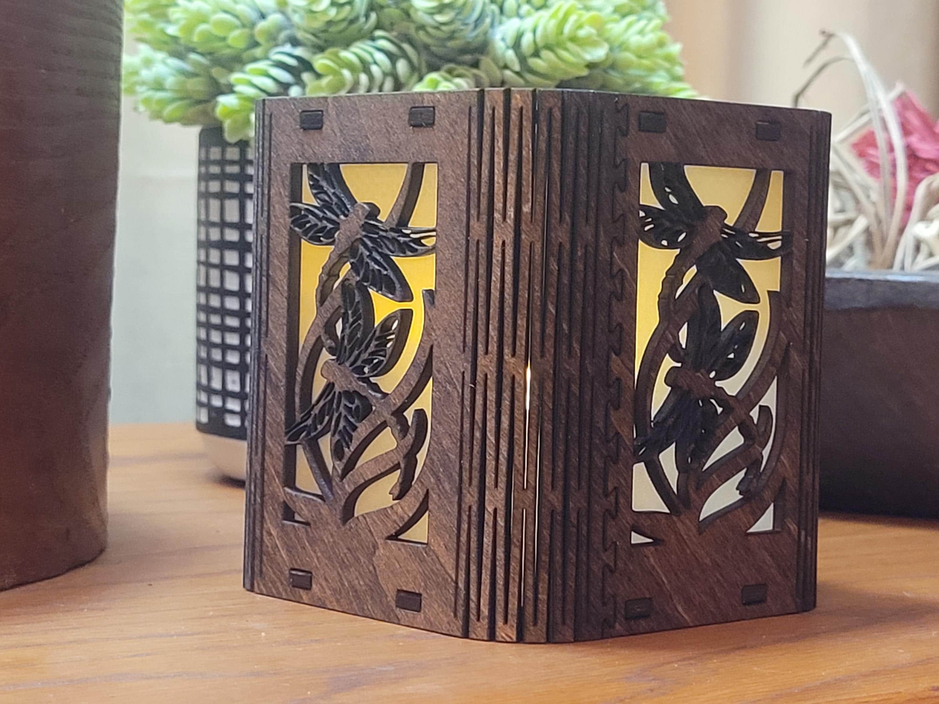 Dragonfly Tea Light Lantern: Laser Cut corners. Wooden Candle Holder. Unique Housewarming & Birthday Gift