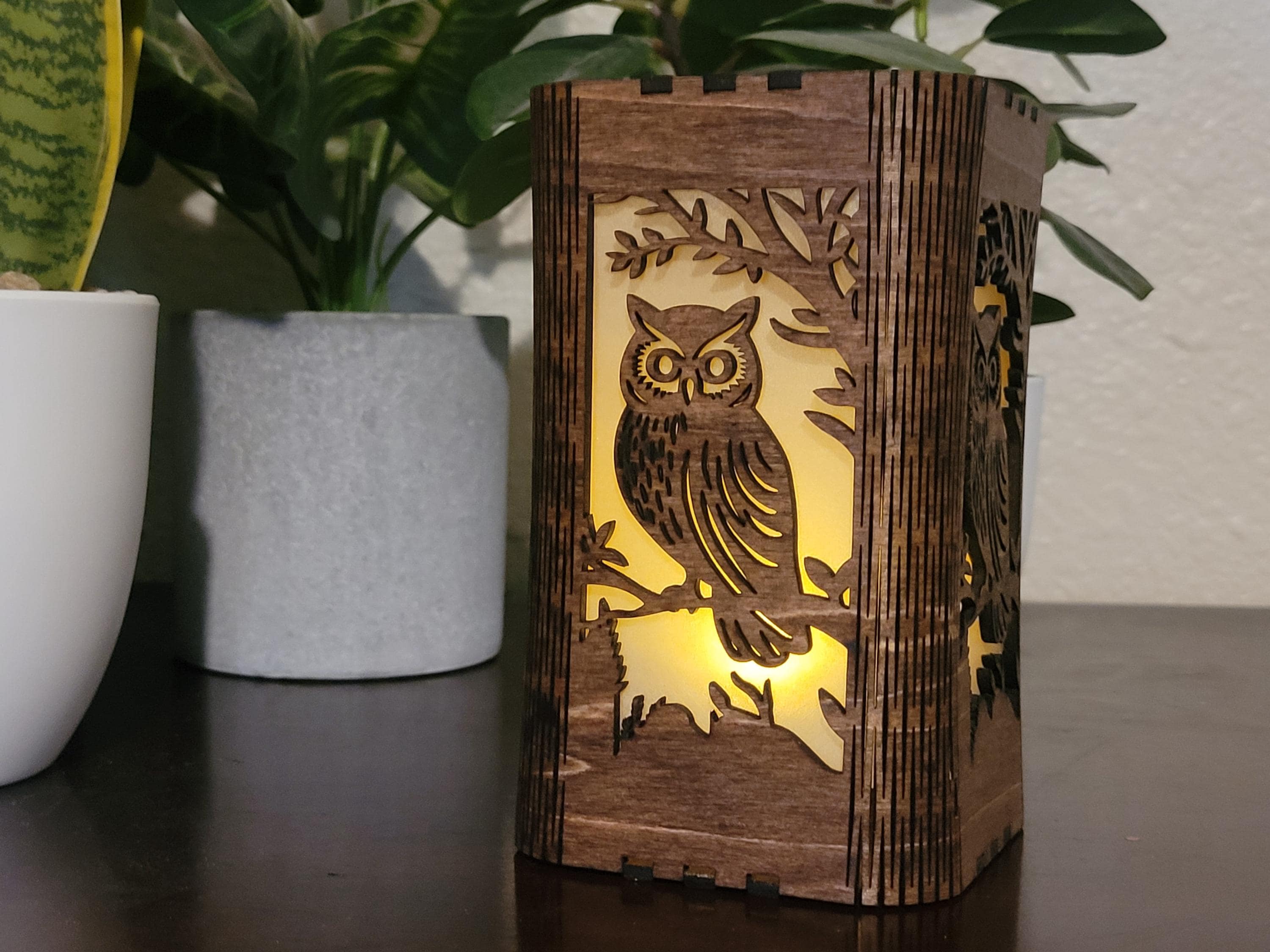 Owl Tea Light Lantern. Cute Owl in Tree. Personalized Anniversary Gift. Custom Engraved Lantern