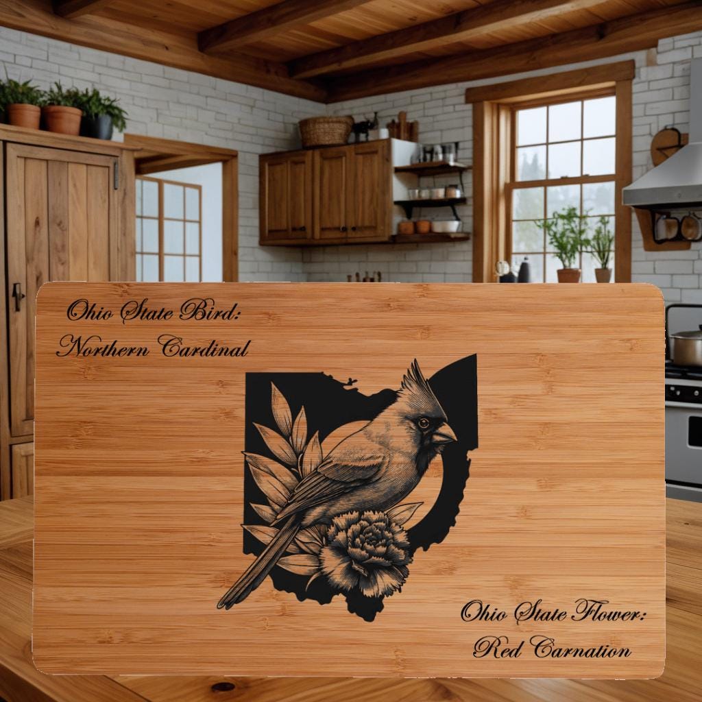 Personalized Ohio Cutting Board: State Bird & Flower Engraved Bamboo
