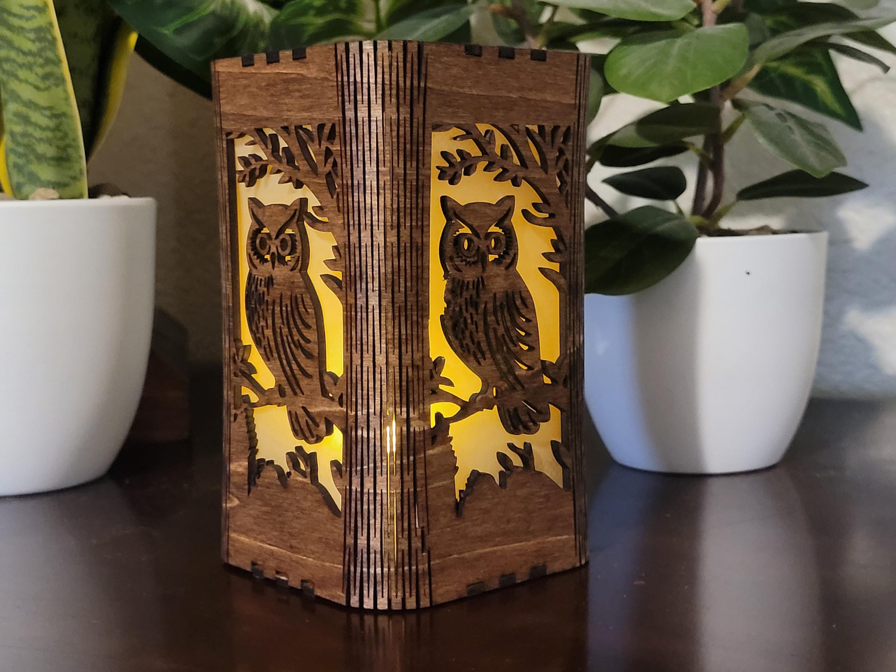 Owl Tea Light Lantern. Cute Owl in Tree. Personalized Anniversary Gift. Custom Engraved Lantern