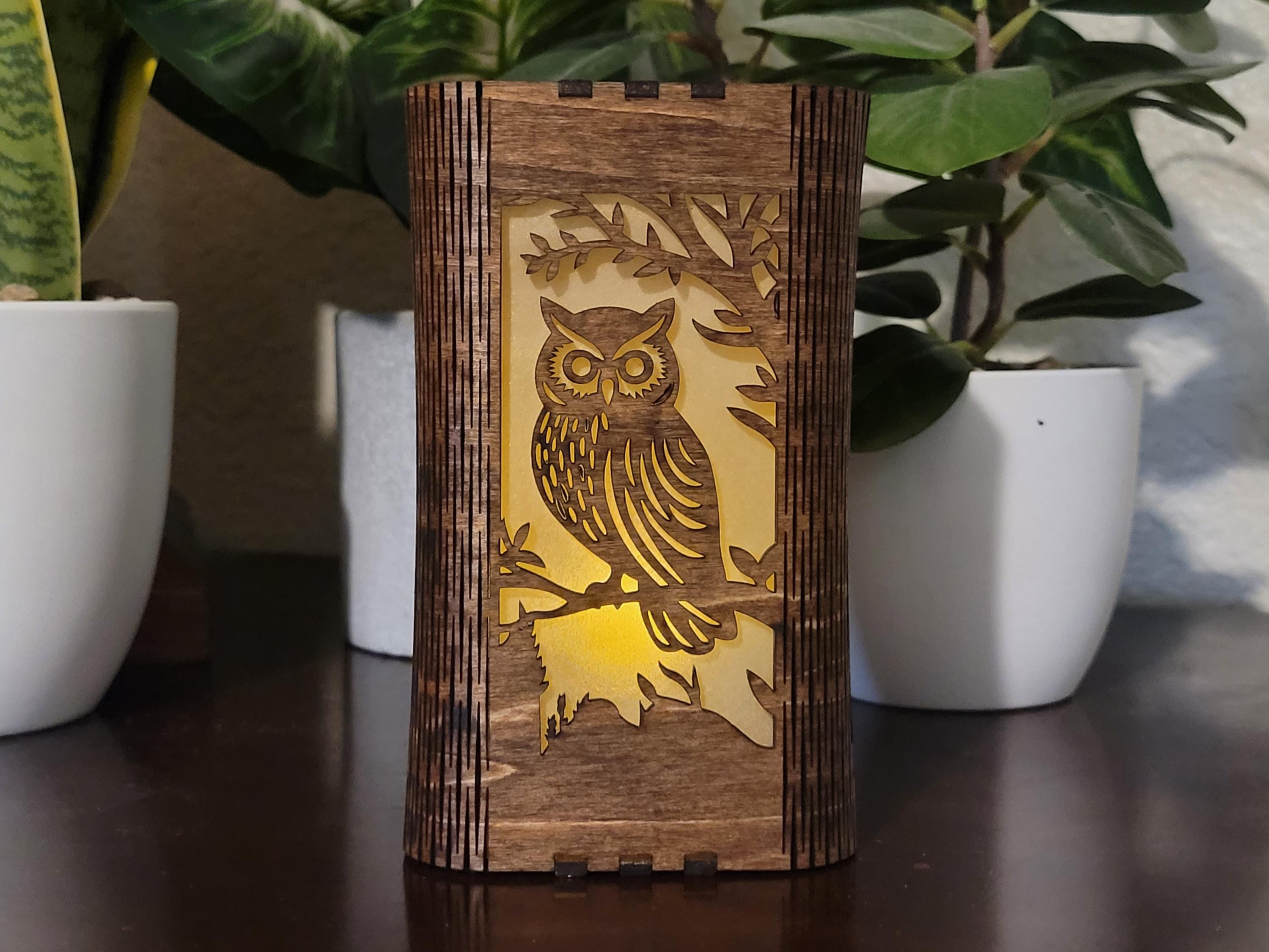 Owl Tea Light Lantern. Cute Owl in Tree. Personalized Anniversary Gift. Custom Engraved Lantern