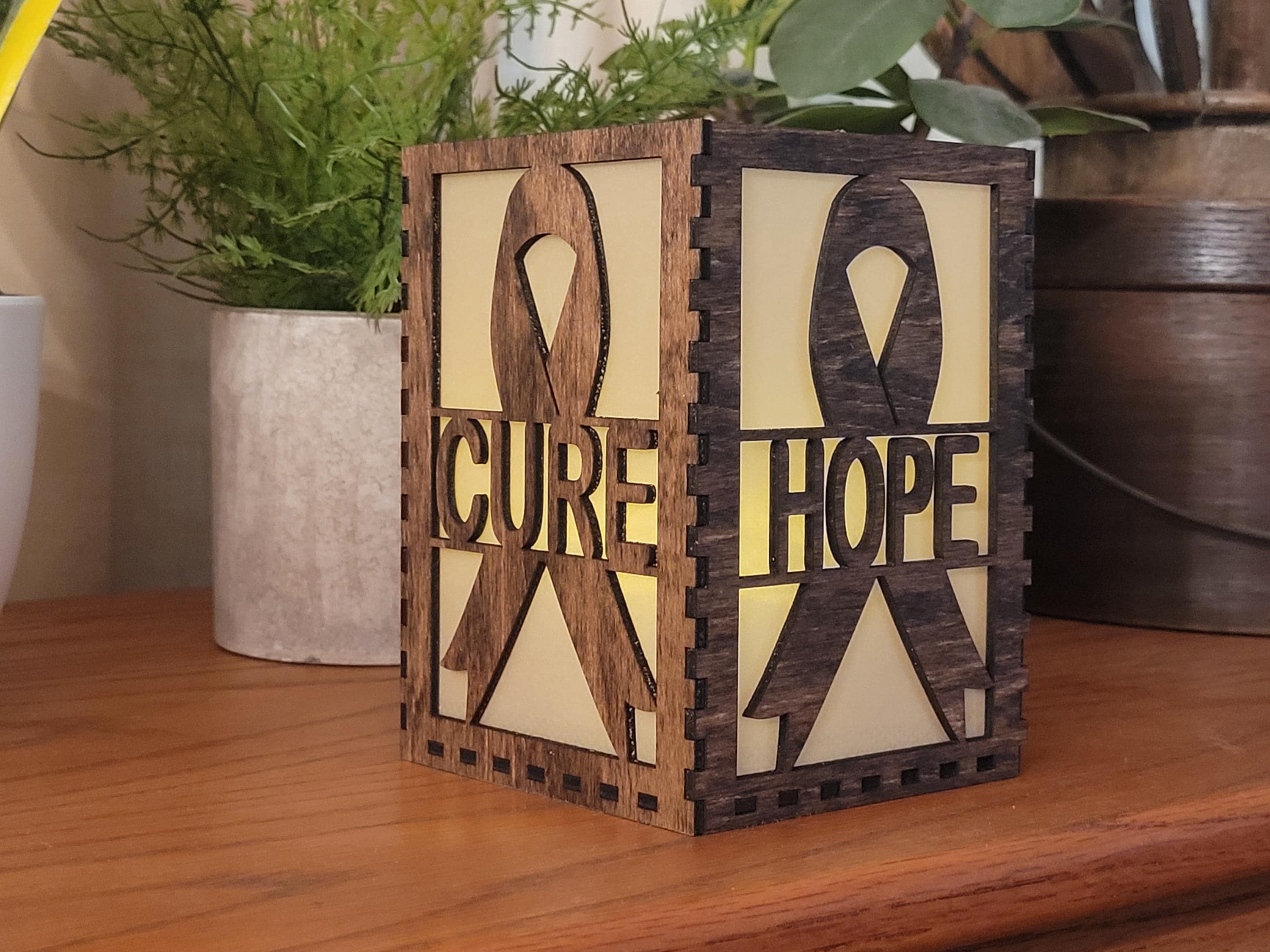 Hope Tea Light Lantern: Cancer Awareness Gift. Custom Engraved Wooden Lantern.