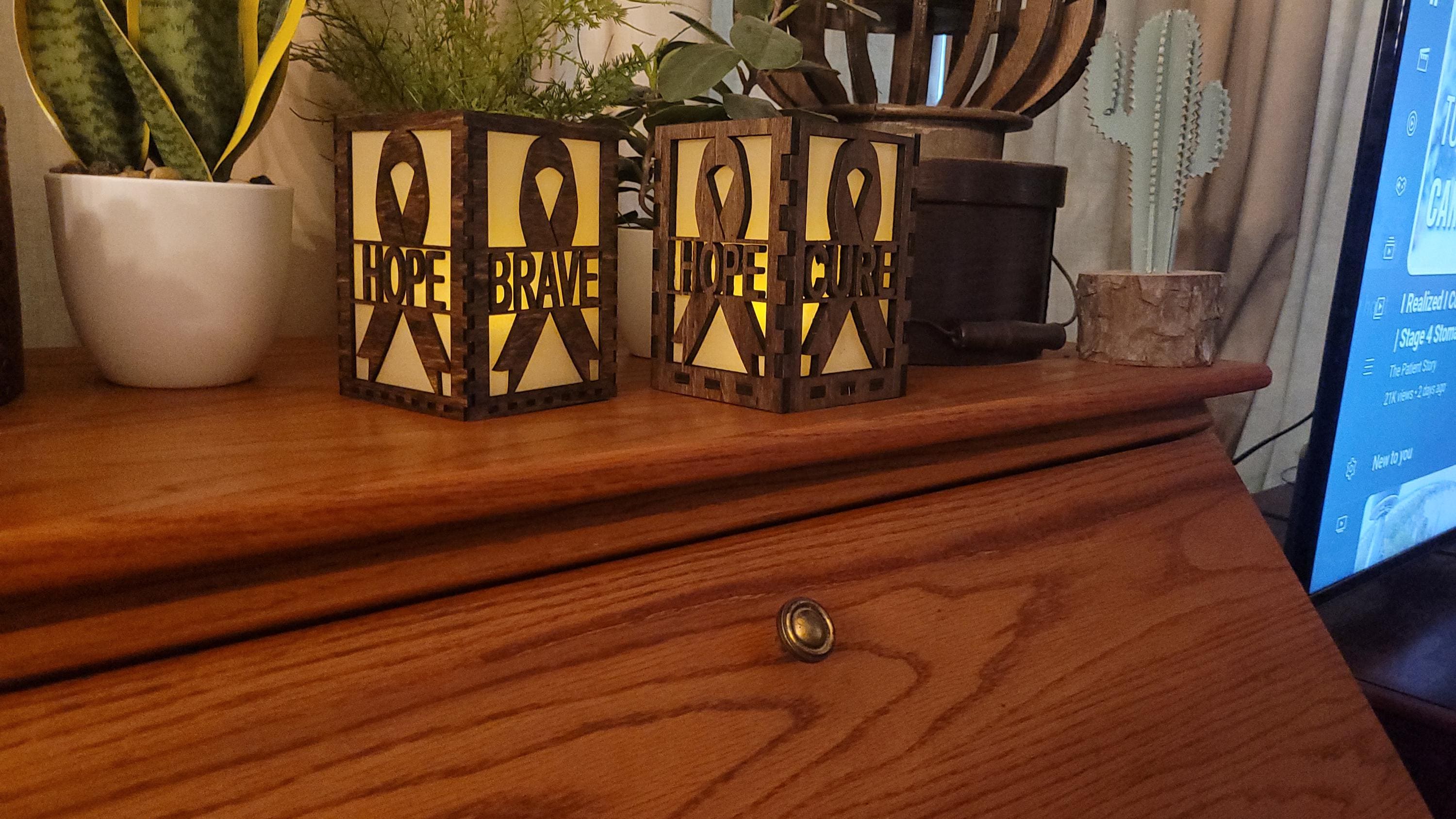 Hope Tea Light Lantern: Cancer Awareness Gift. Custom Engraved Wooden Lantern.