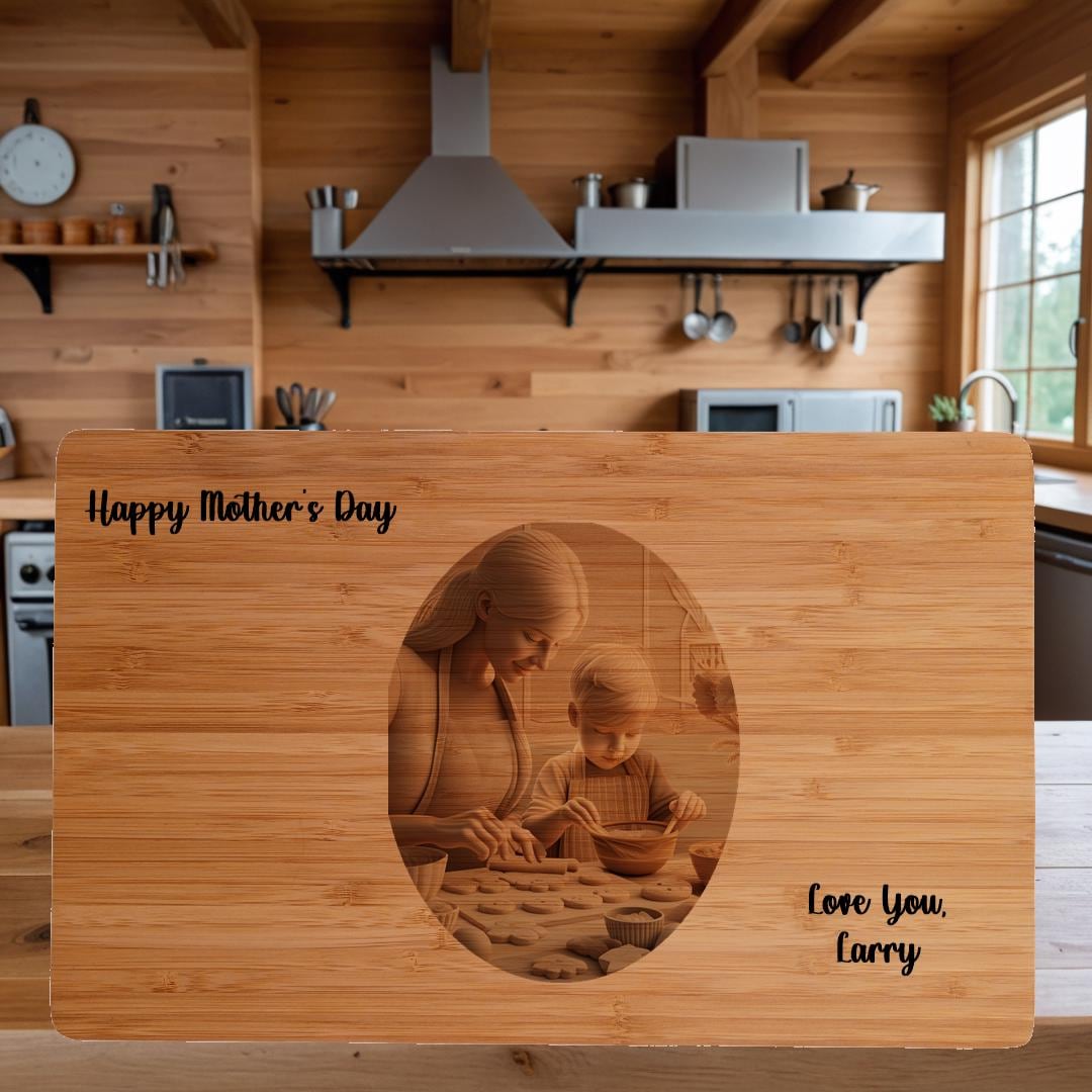 Personalized Gift for Mom | Bamboo Cutting Board with Custom 3D Illusion of Mom and Child Baking Cookies Beautiful Keepsake Gift for Mom