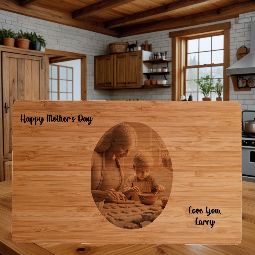 Personalized Gift for Mom | Bamboo Cutting Board with Custom 3D Illusion of Mom and Child Baking Cookies Beautiful Keepsake Gift for Mom