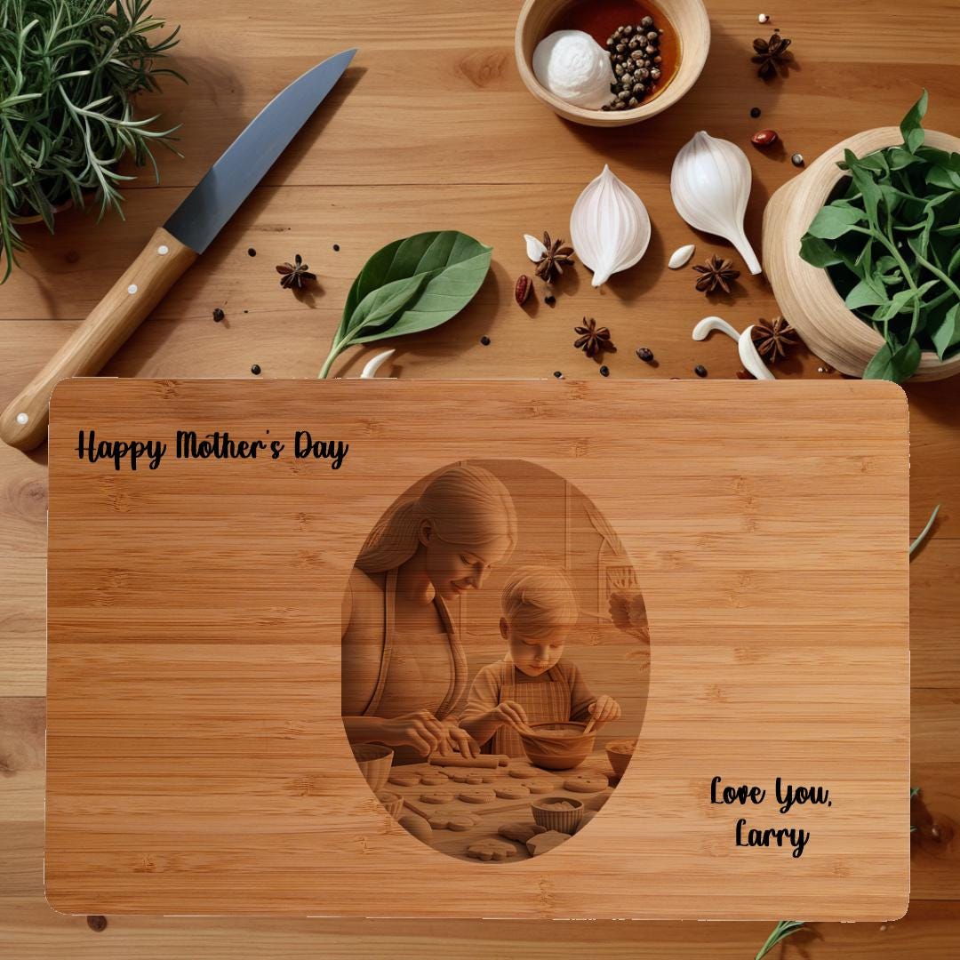 Personalized Gift for Mom | Bamboo Cutting Board with Custom 3D Illusion of Mom and Child Baking Cookies Beautiful Keepsake Gift for Mom