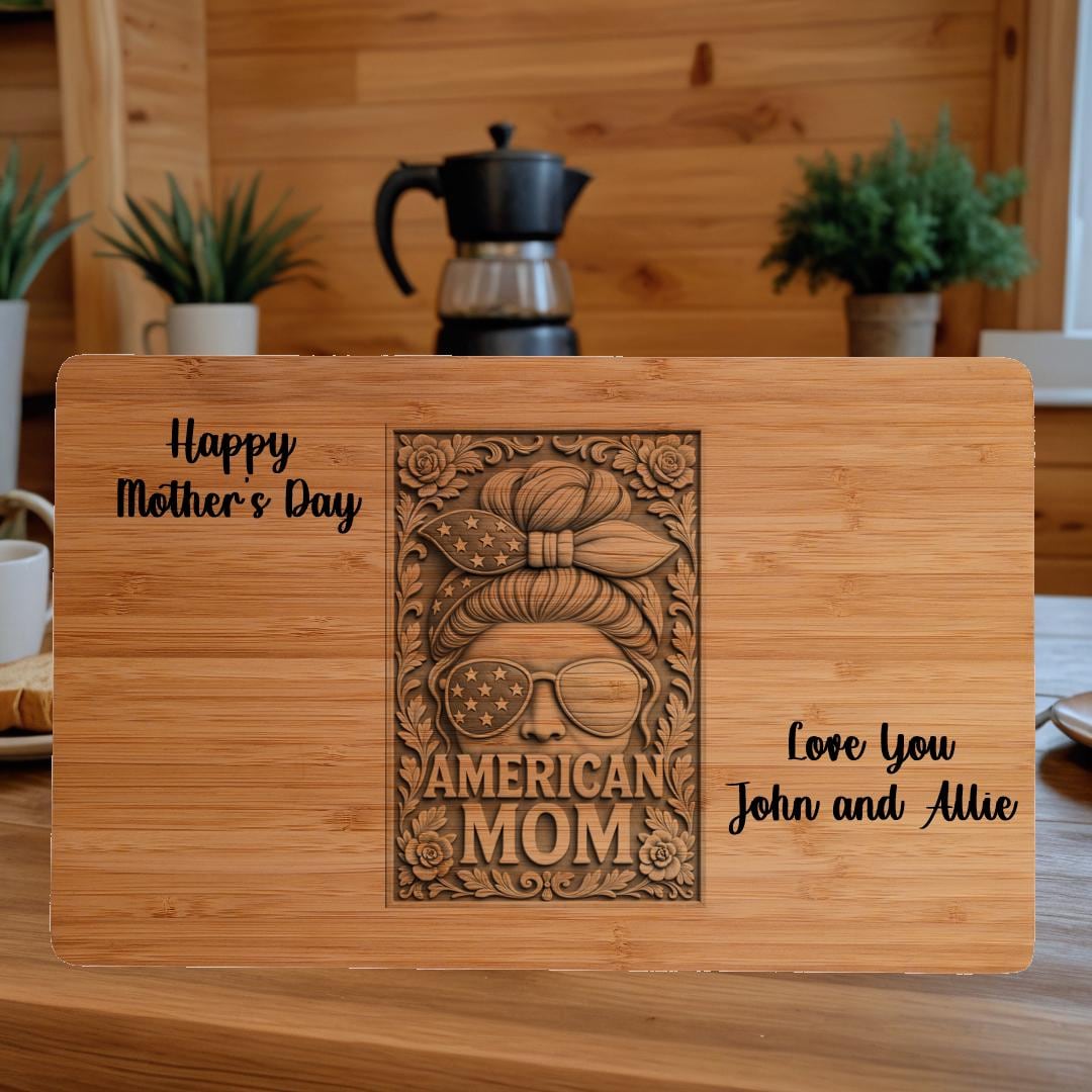 All American Mom Birthday Gift | Bamboo Cutting Board with Custom 3D Illusion Graphics & Loving Message – Unique Kitchen Decor and Keepsake