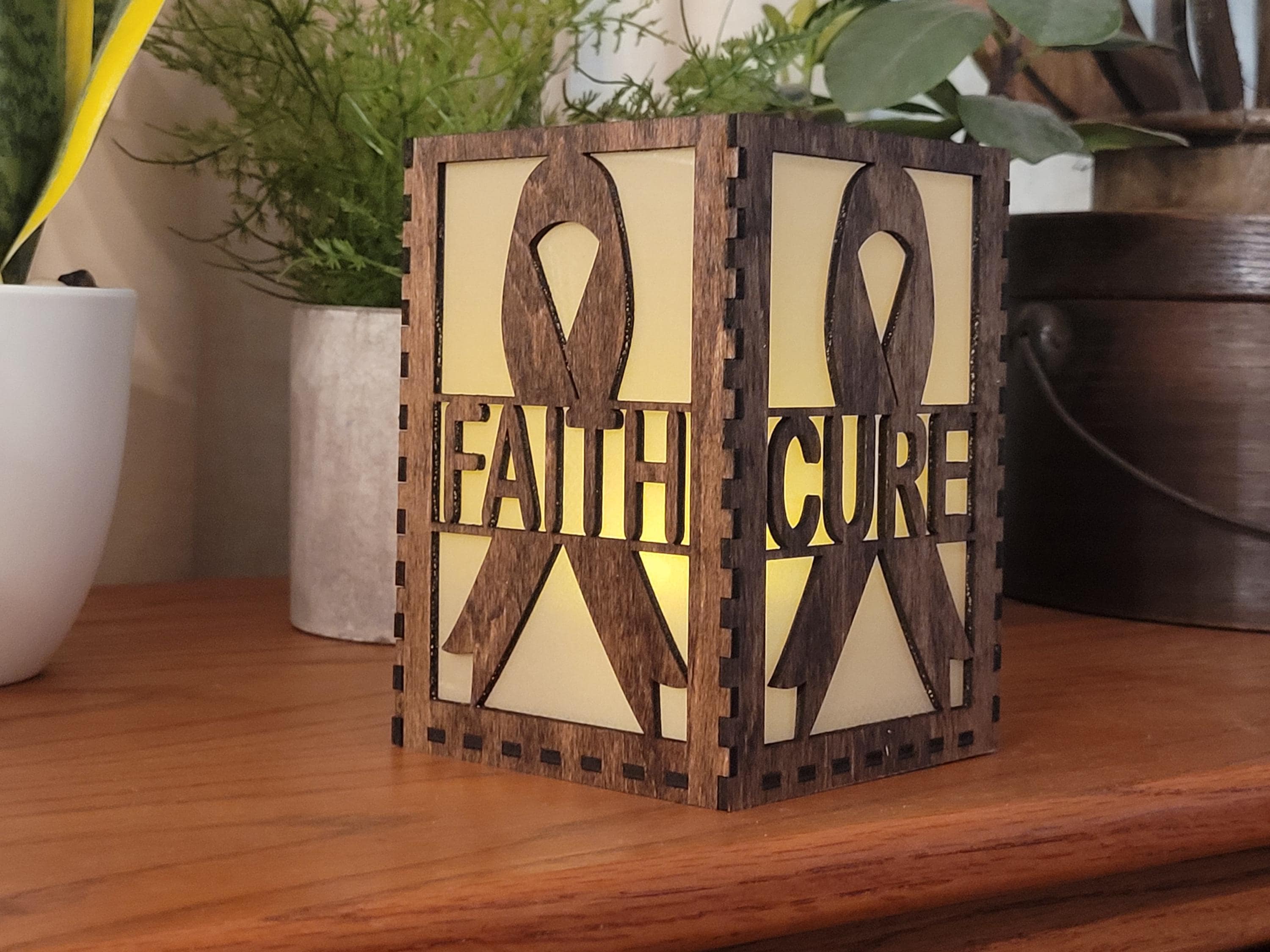 Hope Tea Light Lantern: Cancer Awareness Gift. Custom Engraved Wooden Lantern.