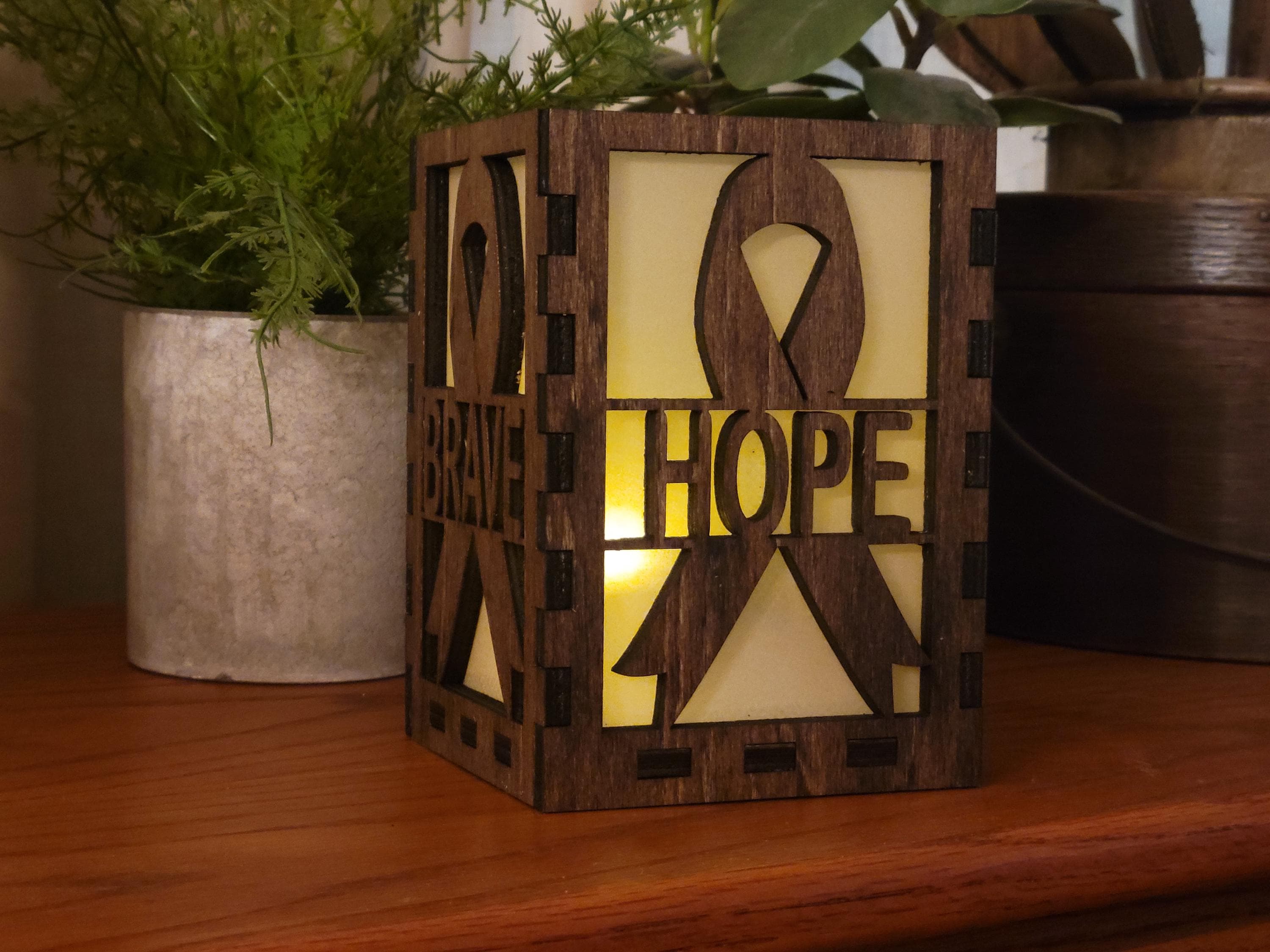 Hope Tea Light Lantern: Cancer Awareness Gift. Custom Engraved Wooden Lantern.