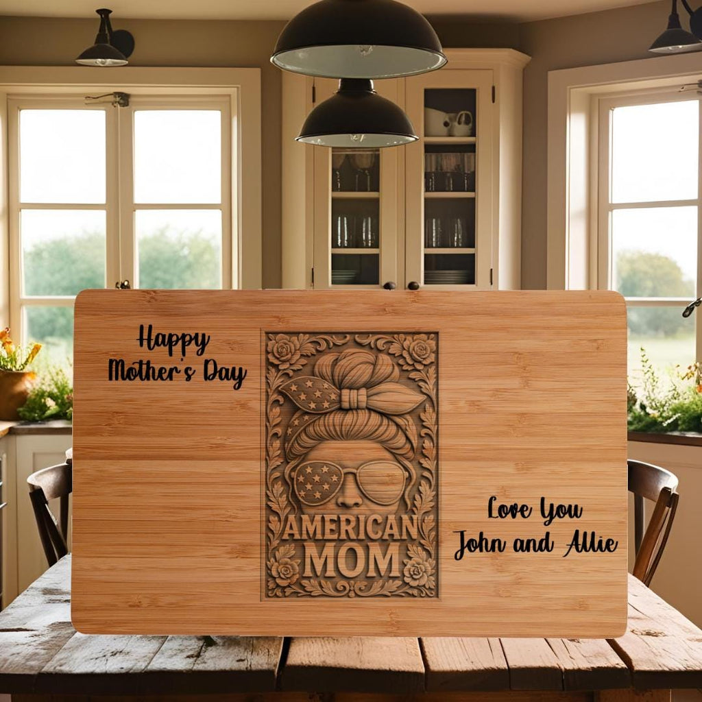 All American Mom Birthday Gift | Bamboo Cutting Board with Custom 3D Illusion Graphics & Loving Message – Unique Kitchen Decor and Keepsake