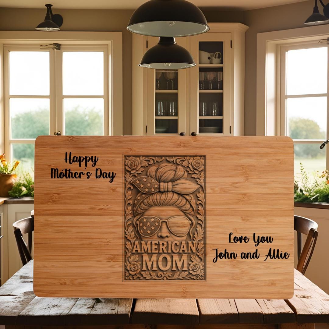 All American Mom Birthday Gift | Bamboo Cutting Board with Custom 3D Illusion Graphics & Loving Message – Unique Kitchen Decor and Keepsake