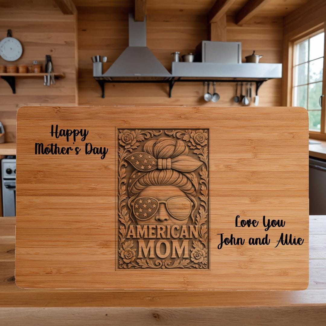 All American Mom Birthday Gift | Bamboo Cutting Board with Custom 3D Illusion Graphics & Loving Message – Unique Kitchen Decor and Keepsake