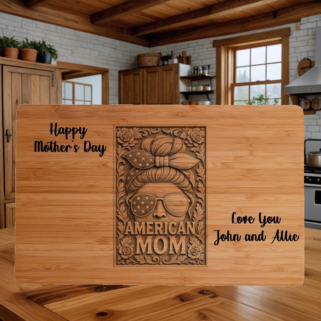 All American Mom Birthday Gift | Bamboo Cutting Board with Custom 3D Illusion Graphics & Loving Message – Unique Kitchen Decor and Keepsake