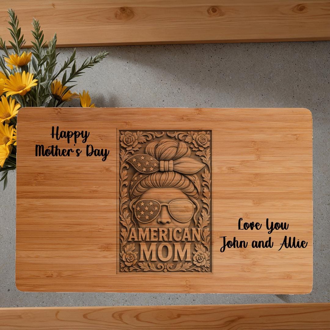 All American Mom Birthday Gift | Bamboo Cutting Board with Custom 3D Illusion Graphics & Loving Message – Unique Kitchen Decor and Keepsake