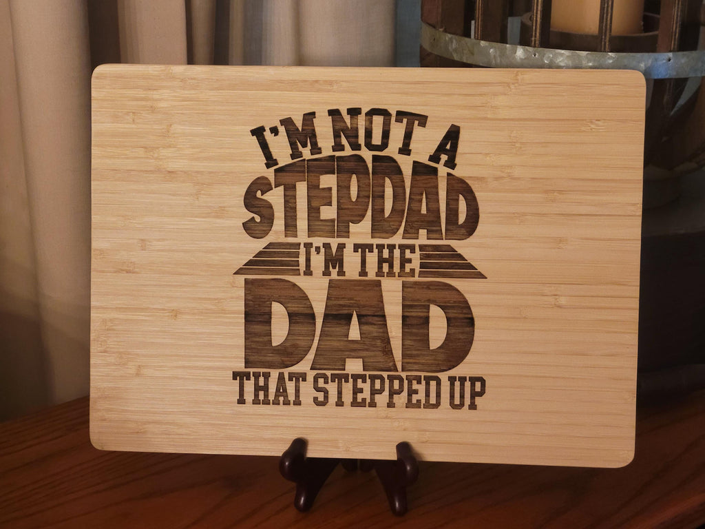 Personalized Bamboo Cutting Board: Gift for Stepdad with Display Stand
