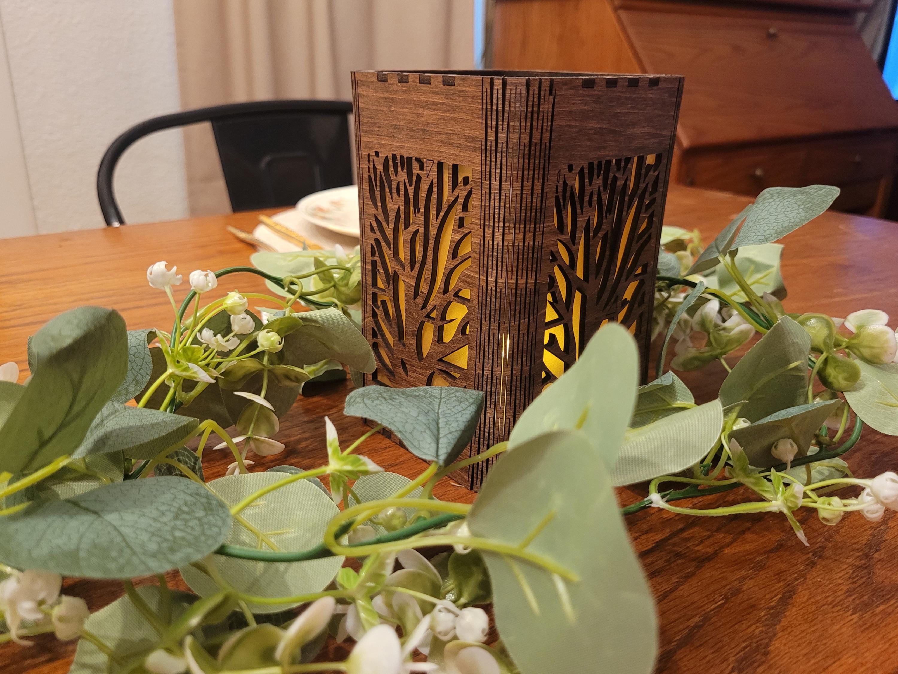 Nature Scene Tea Light Lantern: Personalized Candle Holder with Laser Cut Corners.