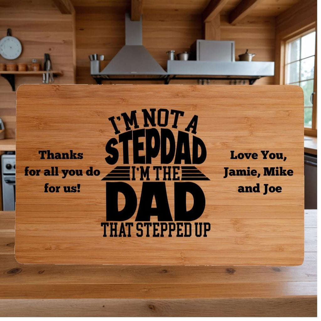 Personalized Bamboo Cutting Board: Gift for Stepdad with Display Stand