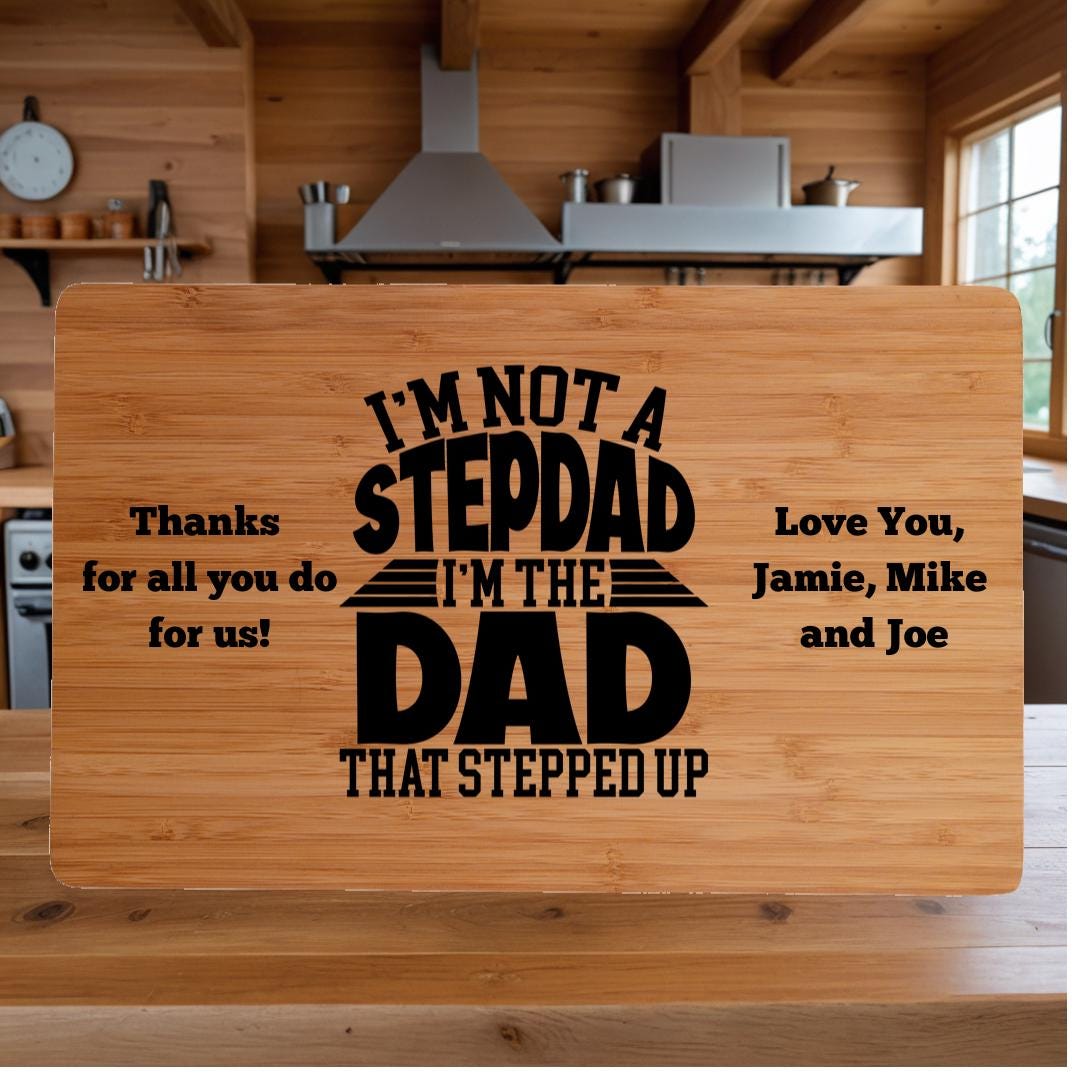 Personalized Bamboo Cutting Board: Gift for Stepdad with Display Stand