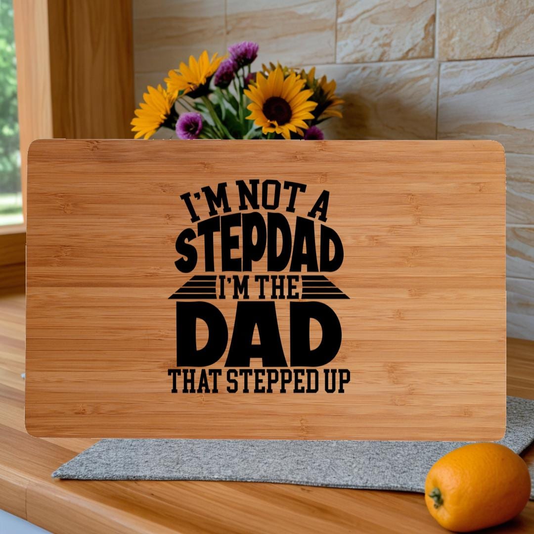 Personalized Bamboo Cutting Board: Gift for Stepdad with Display Stand