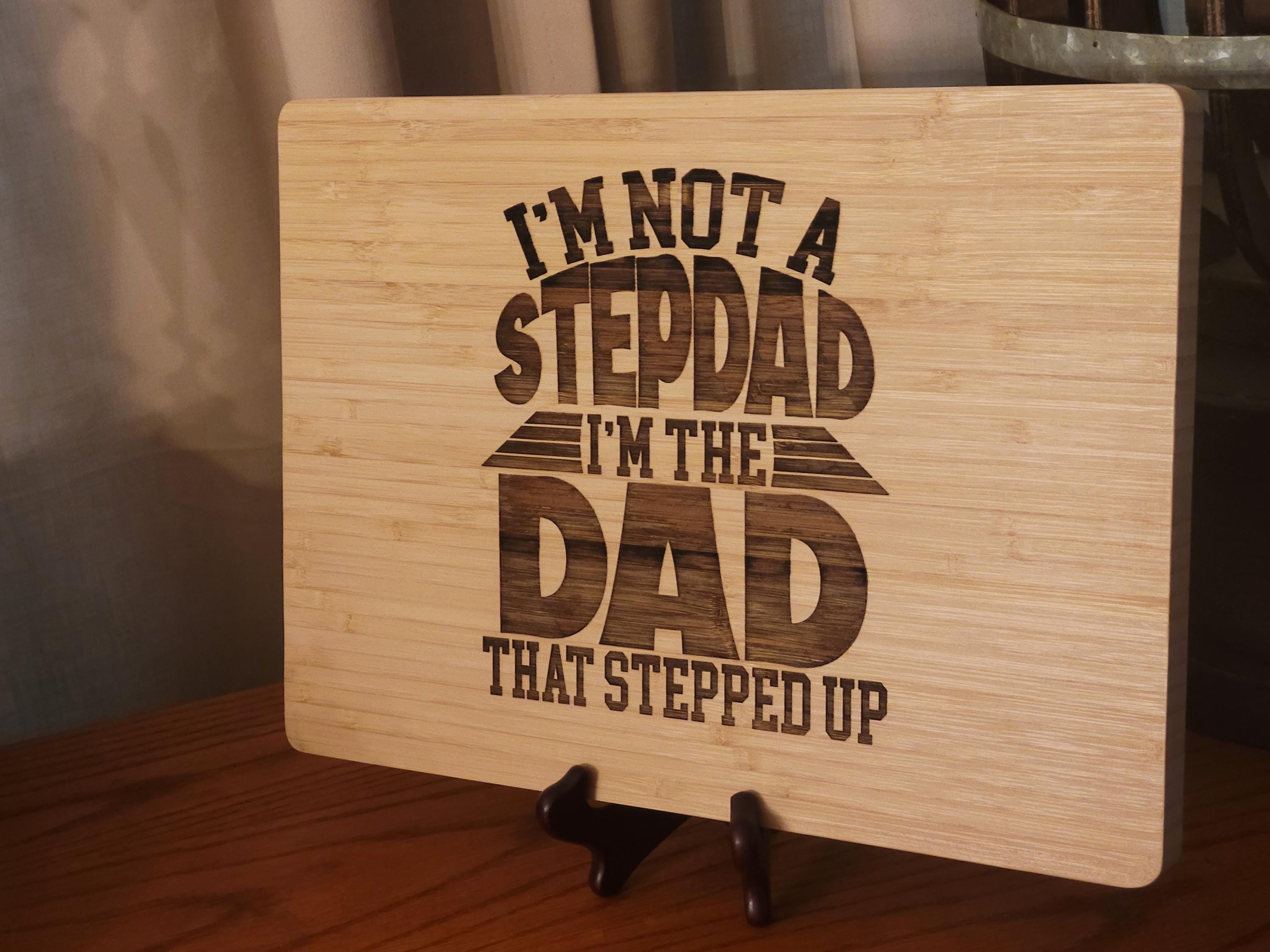 Personalized Bamboo Cutting Board: Gift for Stepdad with Display Stand