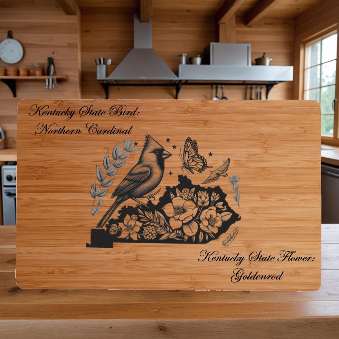 Kentucky State Bird and Flower Cutting Board: Engraved Bamboo