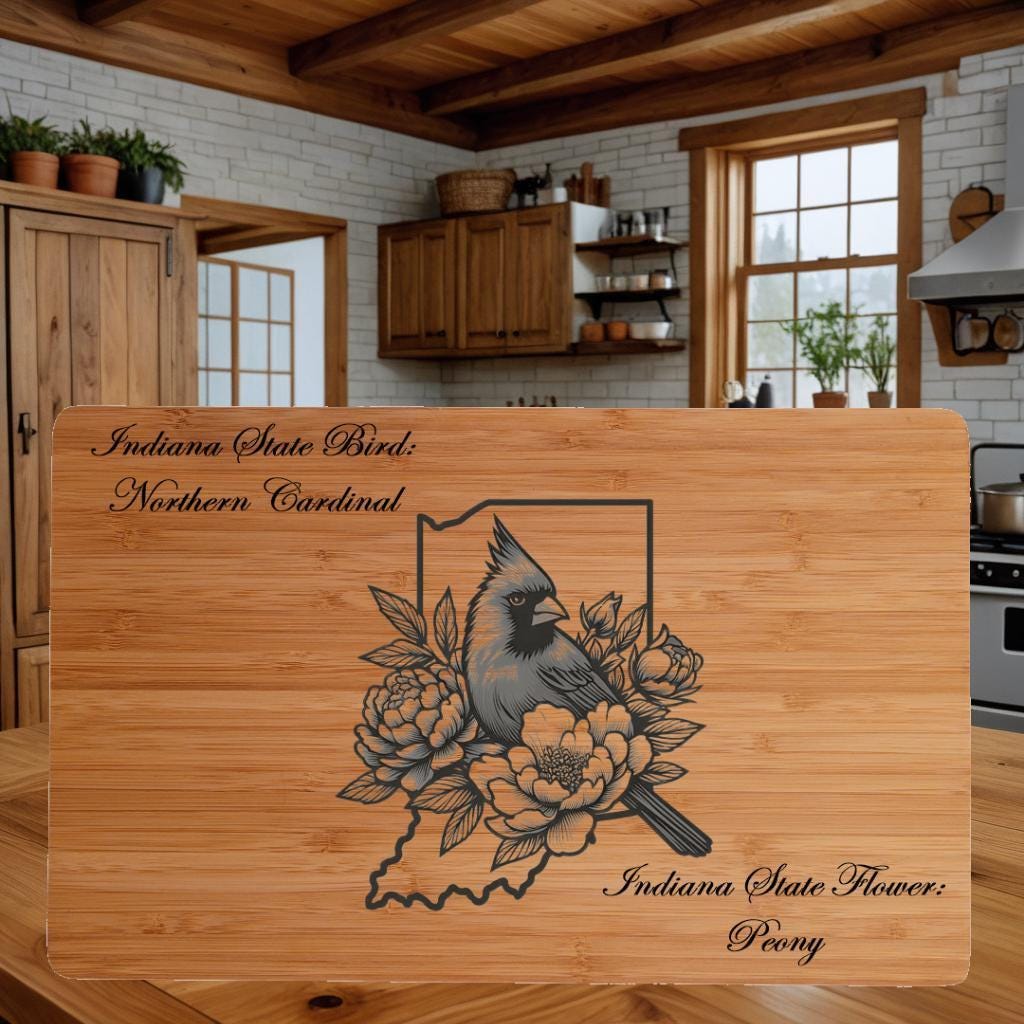 Custom Cutting Board with Indiana State Bird and State Flower. Retirement Gift, Birthday, Anniversary or Housewarming Gift.