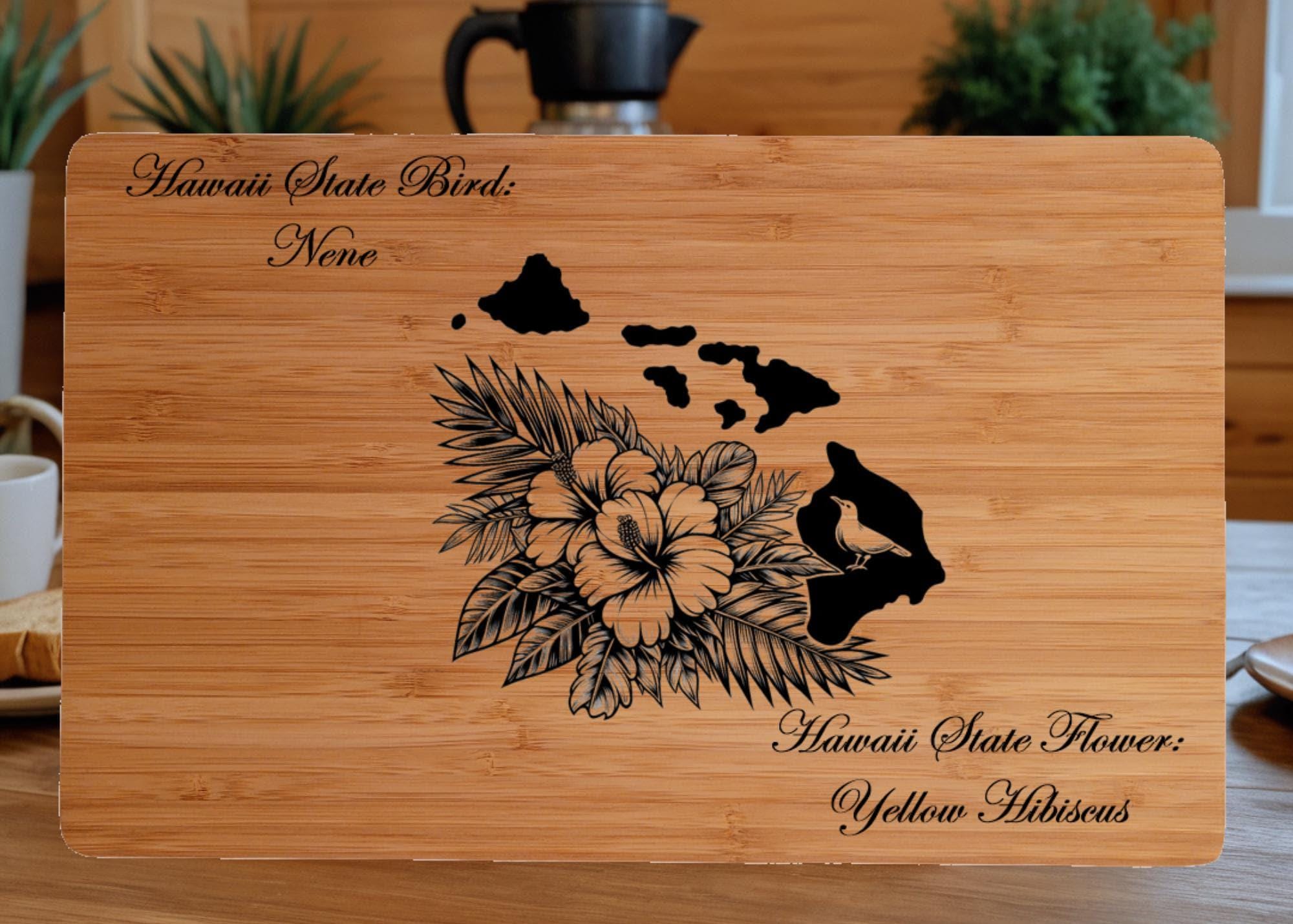 Personalized Cutting Board with Hawaii State Bird and State Flower. Retirement Gift, Birthday, Anniversary or Housewarming Gift.