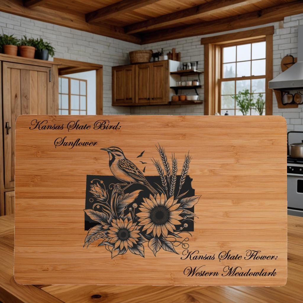 Personalized Kansas State Bird and Flower Bamboo Cutting Board
