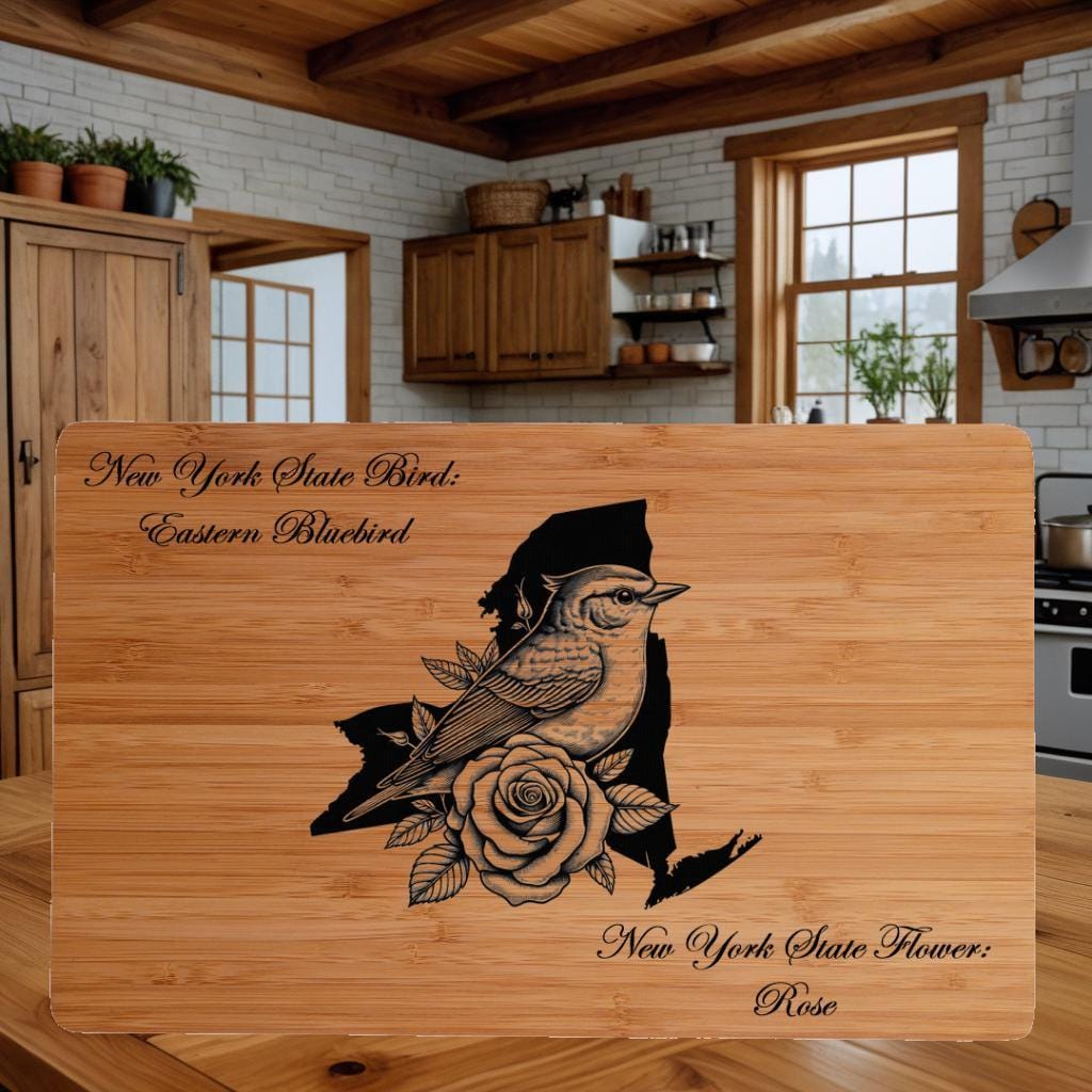 Personalized New York State Bird and Flower Bamboo Cutting Board