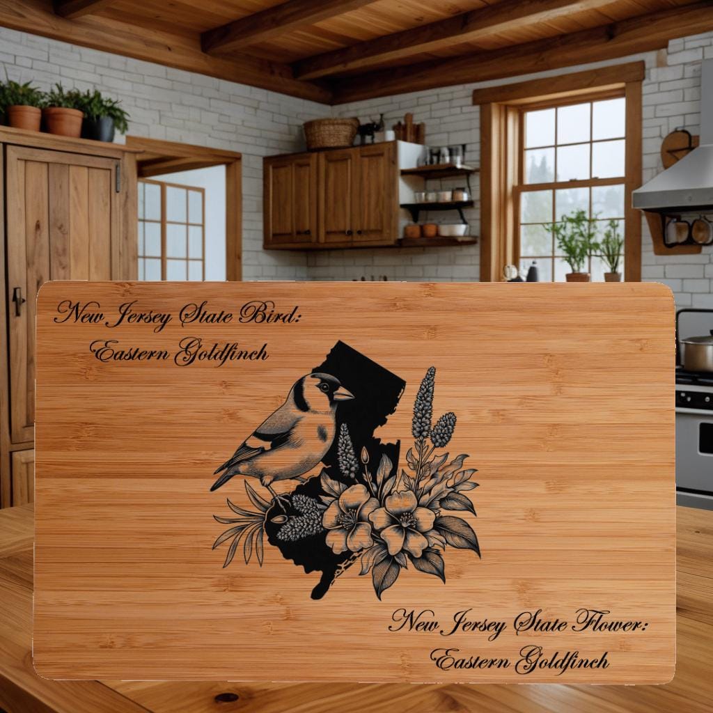 Personalized New Jersey State Bird and Flower Bamboo Cutting Board