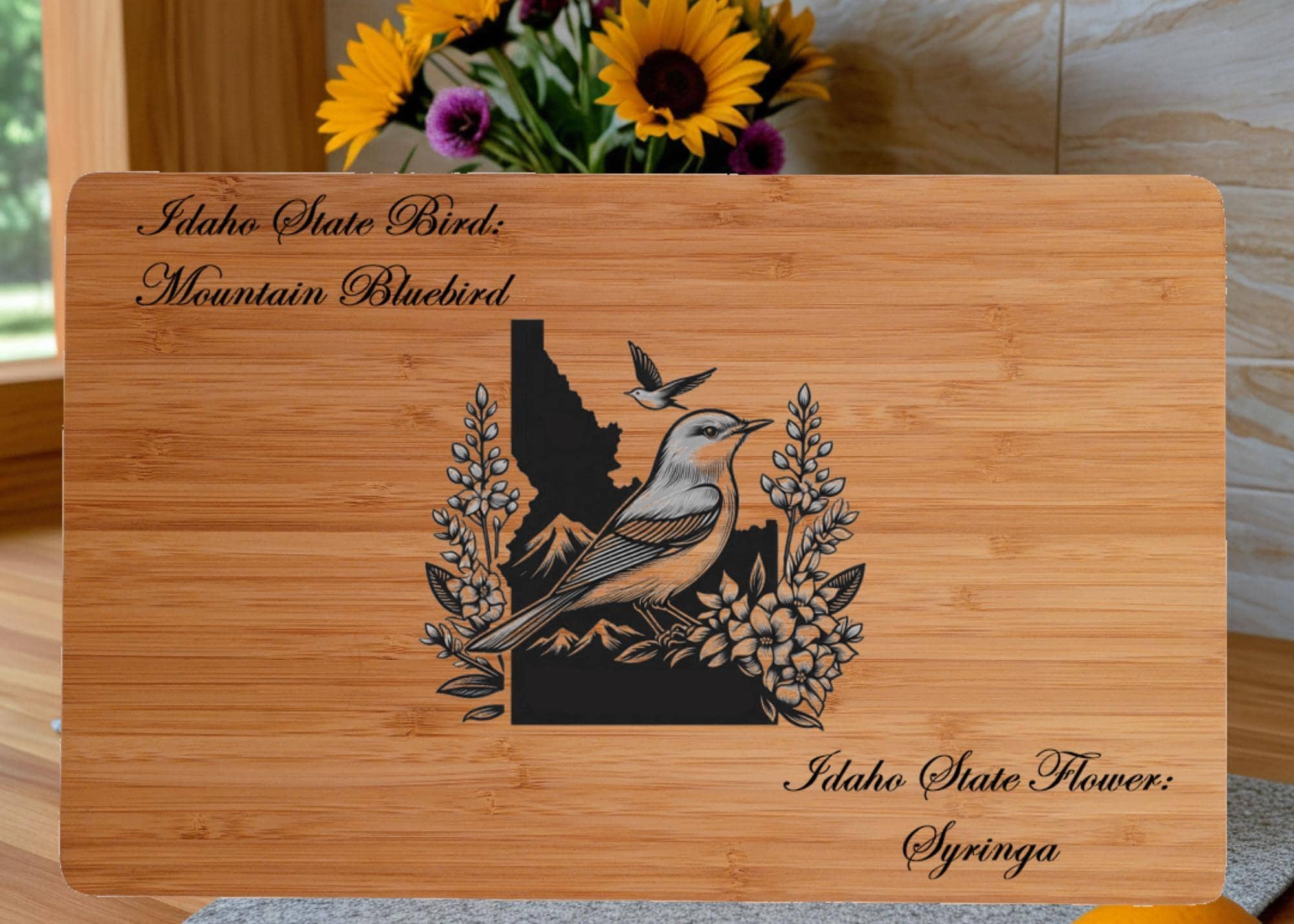 Personalized Cutting Board with Idaho State Bird and State Flower. Retirement Gift, Birthday, Anniversary or Housewarming Gift.
