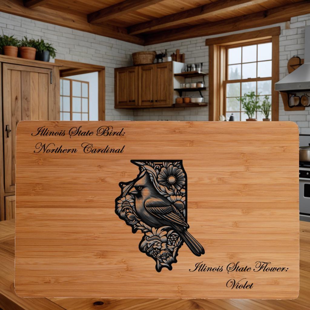 Illinois State Bird and Flower Cutting Board: Personalized Bamboo Gift
