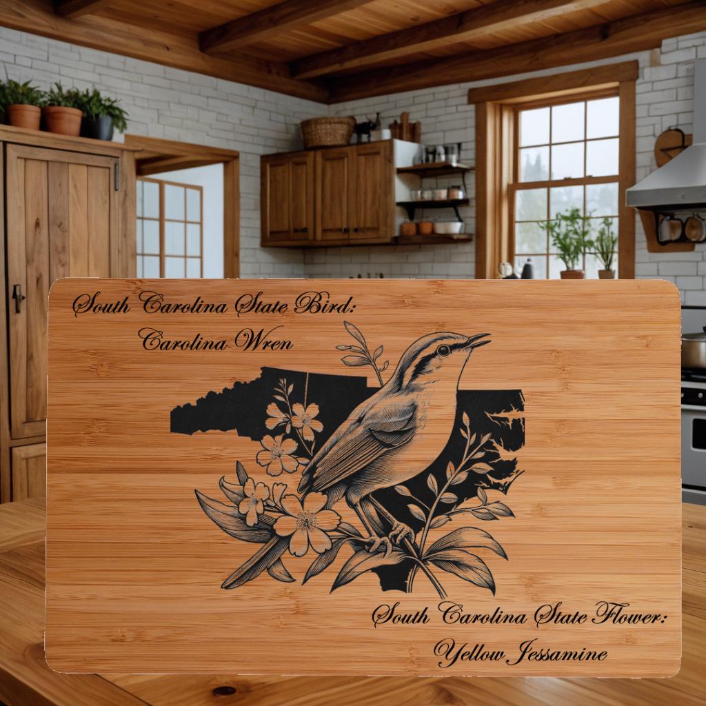 South Carolina State Bird and Flower Bamboo Cutting Board: Engraved Gift