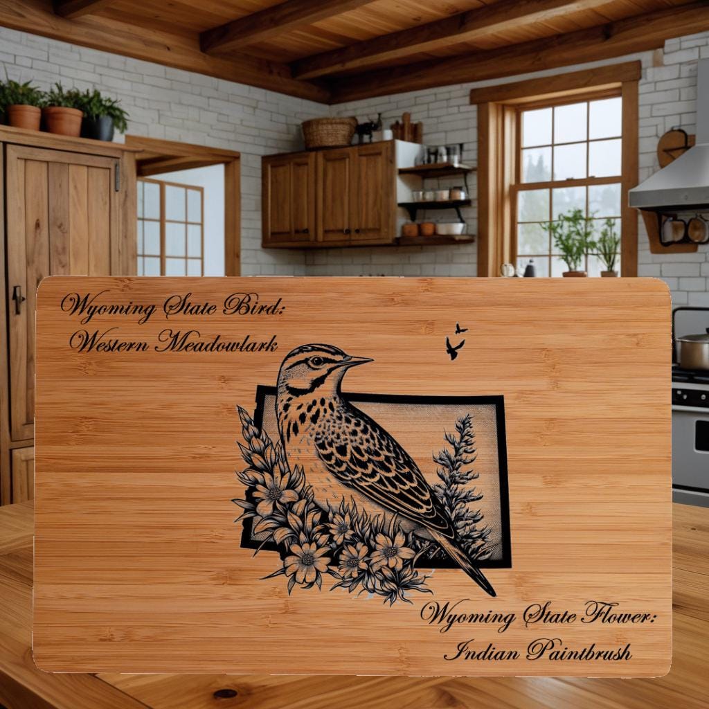 Wyoming State Bird and Flower Bamboo Cutting Board: Engraved Gift