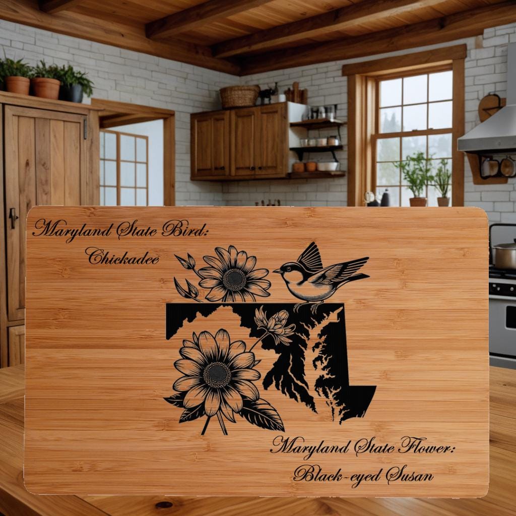 Personalized Maryland State Bird and Flower Bamboo Cutting Board
