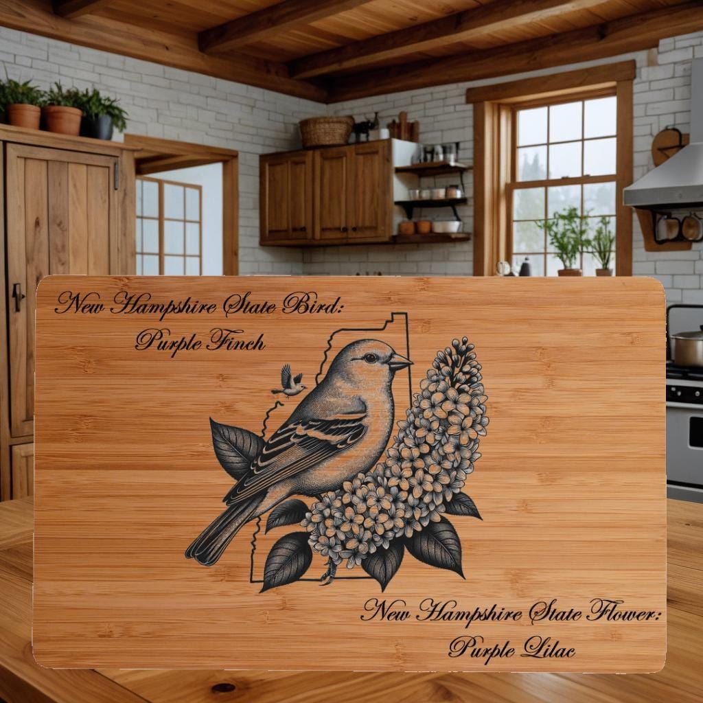 Engraved New Hampshire State Bird and Flower Bamboo Cutting Board