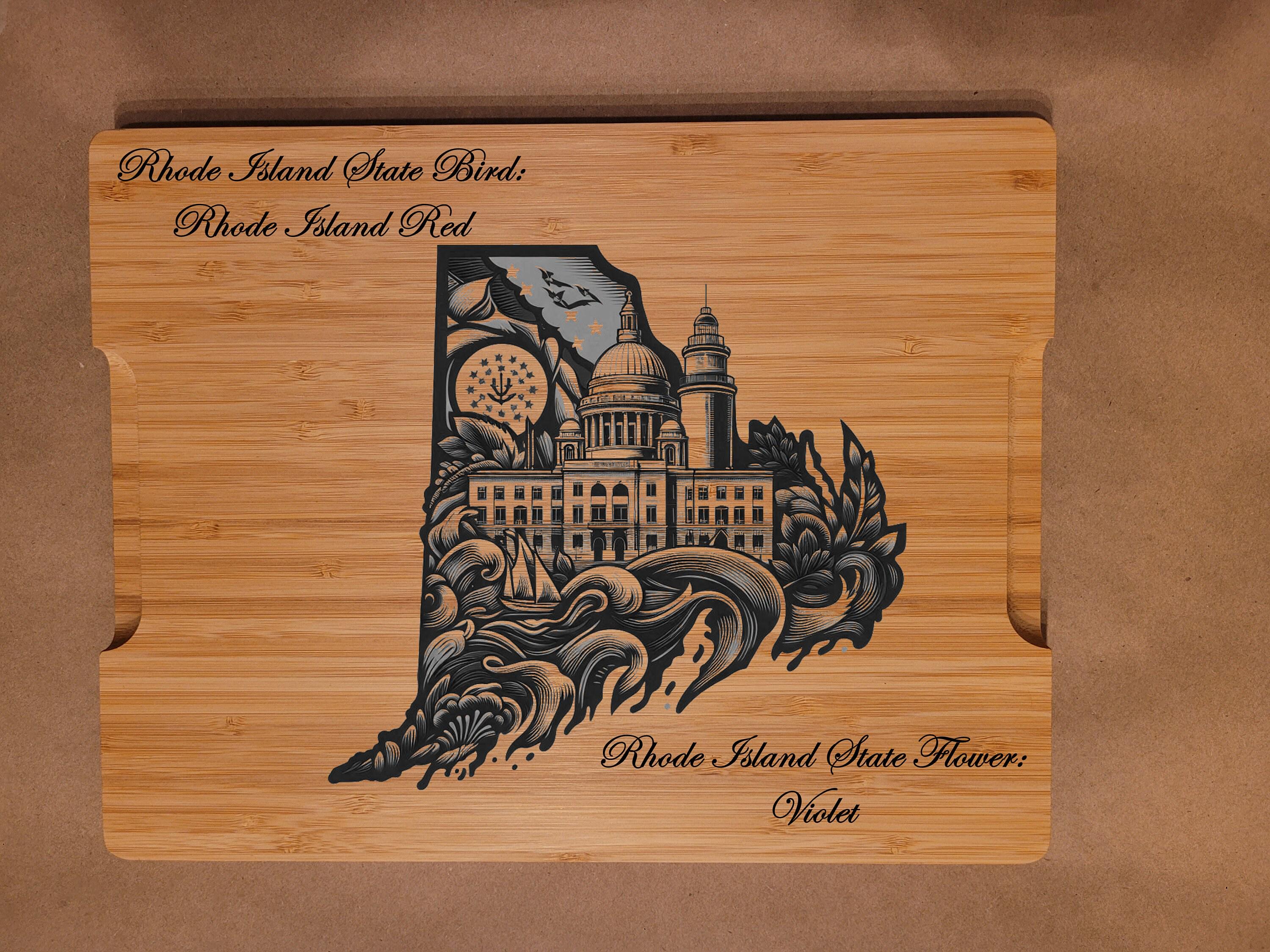 Custom Cutting Board with Rhode Island State Bird and State Flower. Retirement Gift, Birthday, Anniversary or Housewarming Gift.