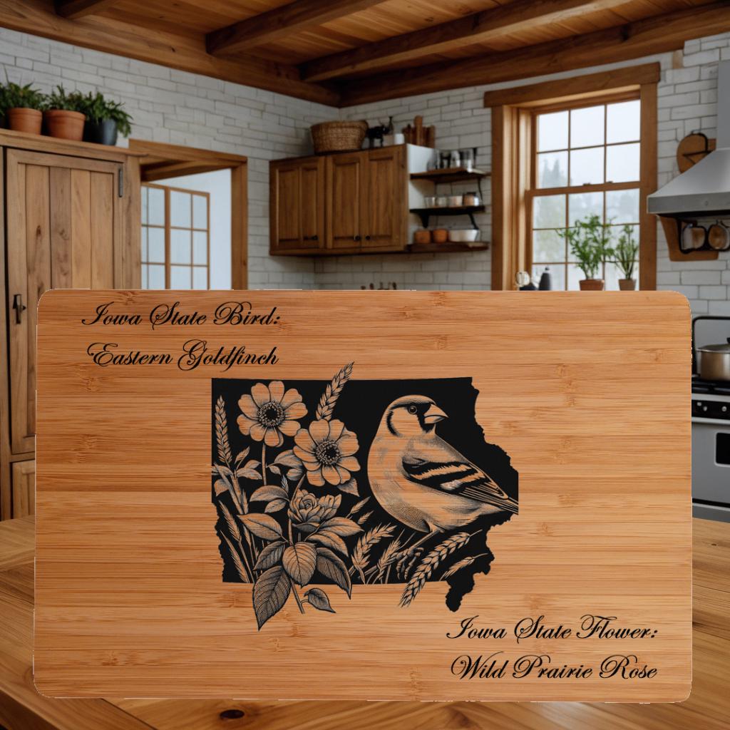 Personalized Cutting Board with Iowa State Bird and State Flower. Retirement Gift, Birthday, Anniversary or Housewarming Gift.