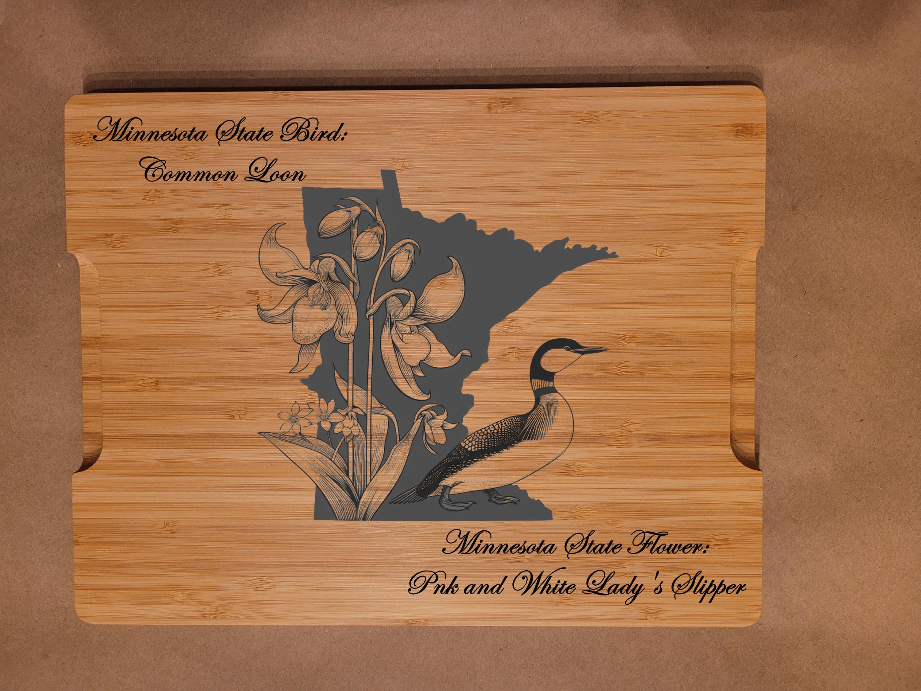 Minnesota State Bird and Flower Engraved Bamboo Cutting Board