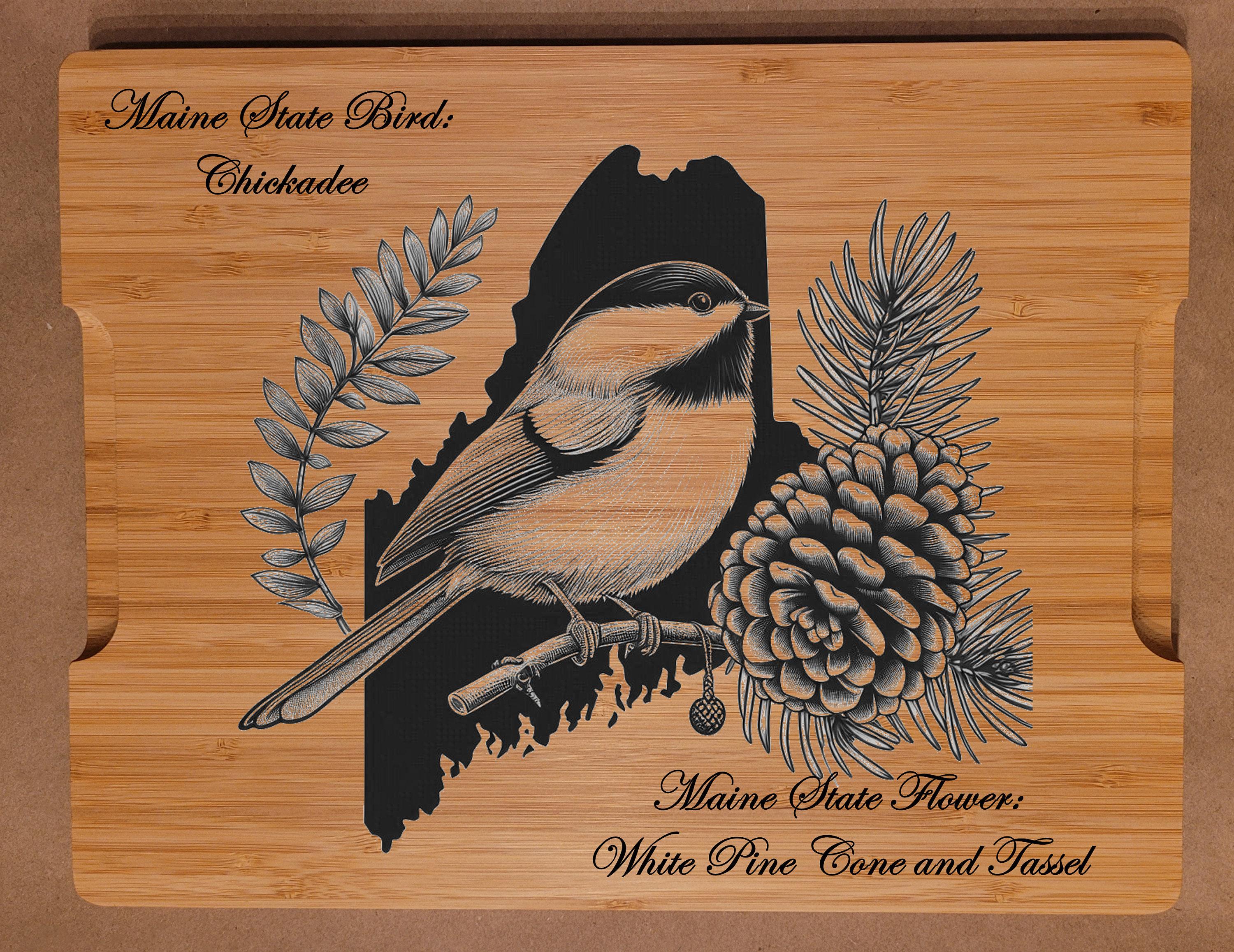Personalized Maine State Bird & Flower Bamboo Cutting Board