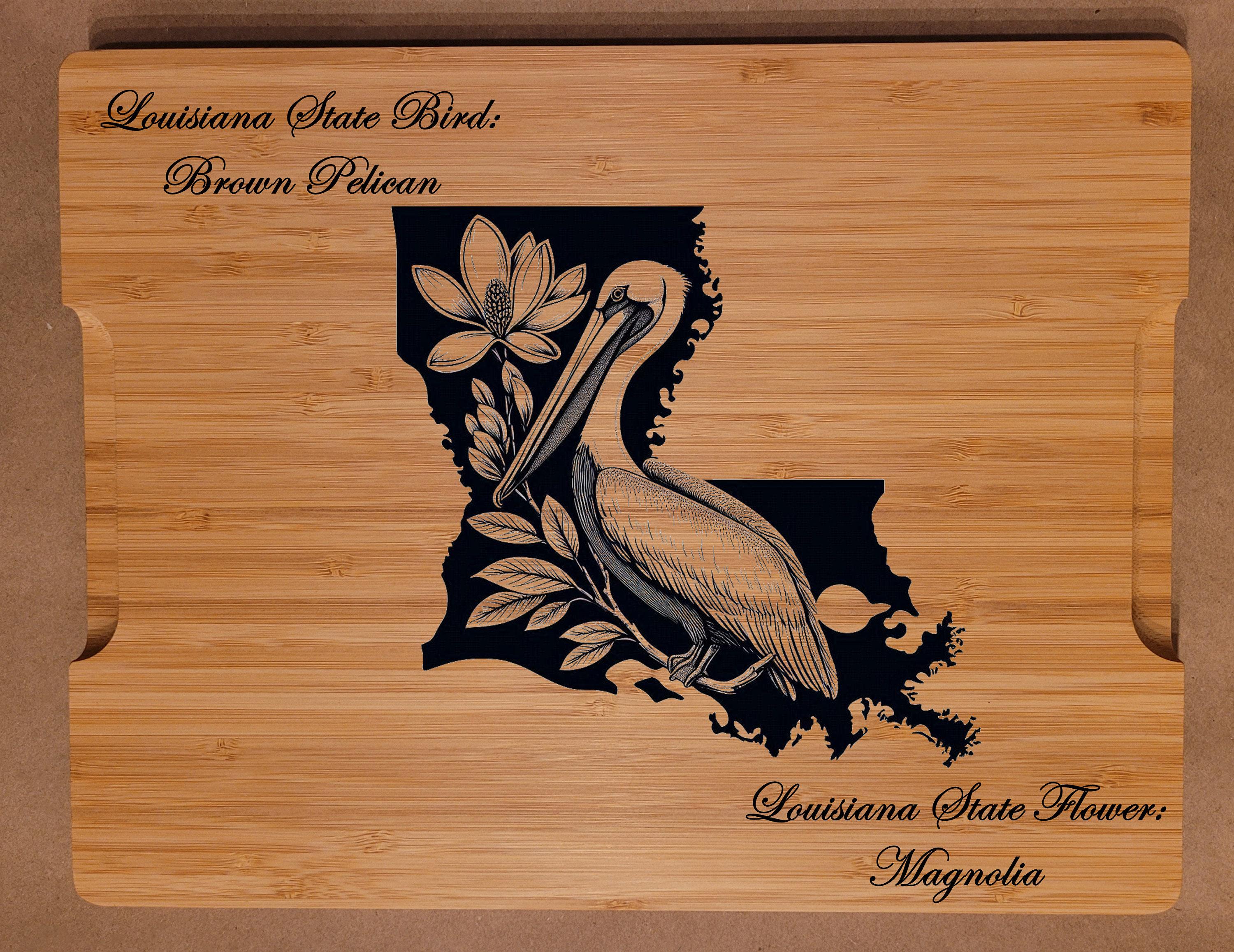 Personalized Cutting Board with Louisiana State Bird and State Flower. Retirement Gift, Birthday, Anniversary or Housewarming Gift.