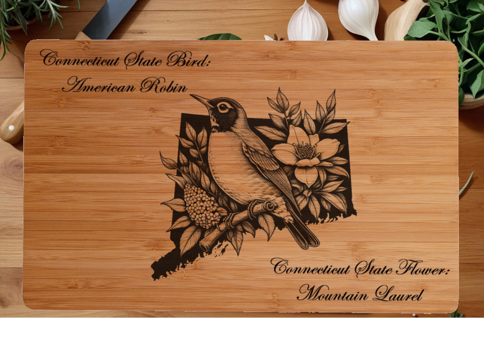 Connecticut State Bird and Flower Bamboo Cutting Board: Engraved Gift