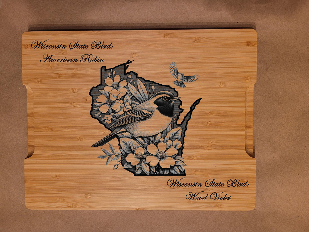 Wisconsin State Bird and Flower Cutting Board: Engraved Bamboo
