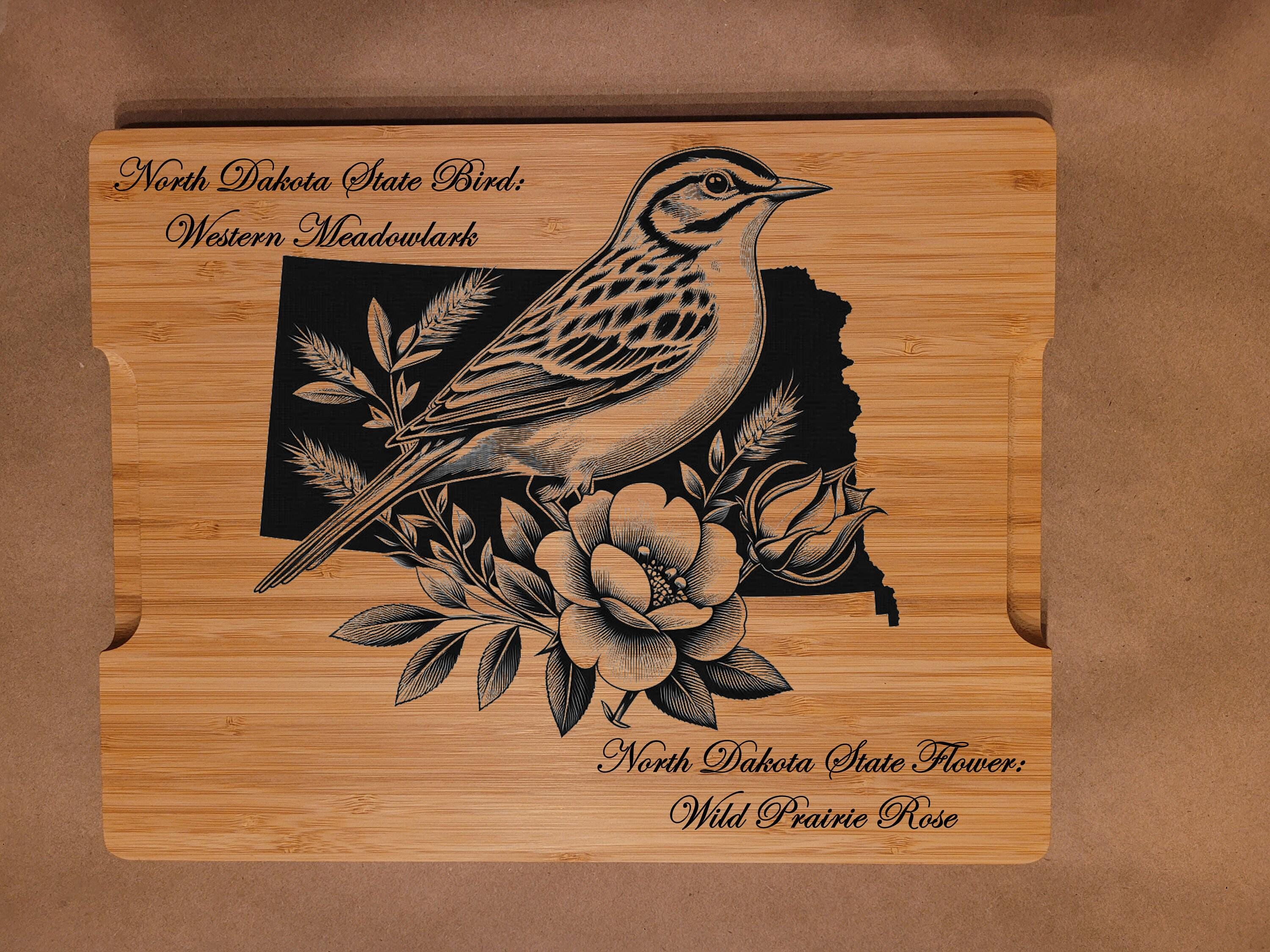 Personalized North Dakota State Bird & Flower Bamboo Cutting Board