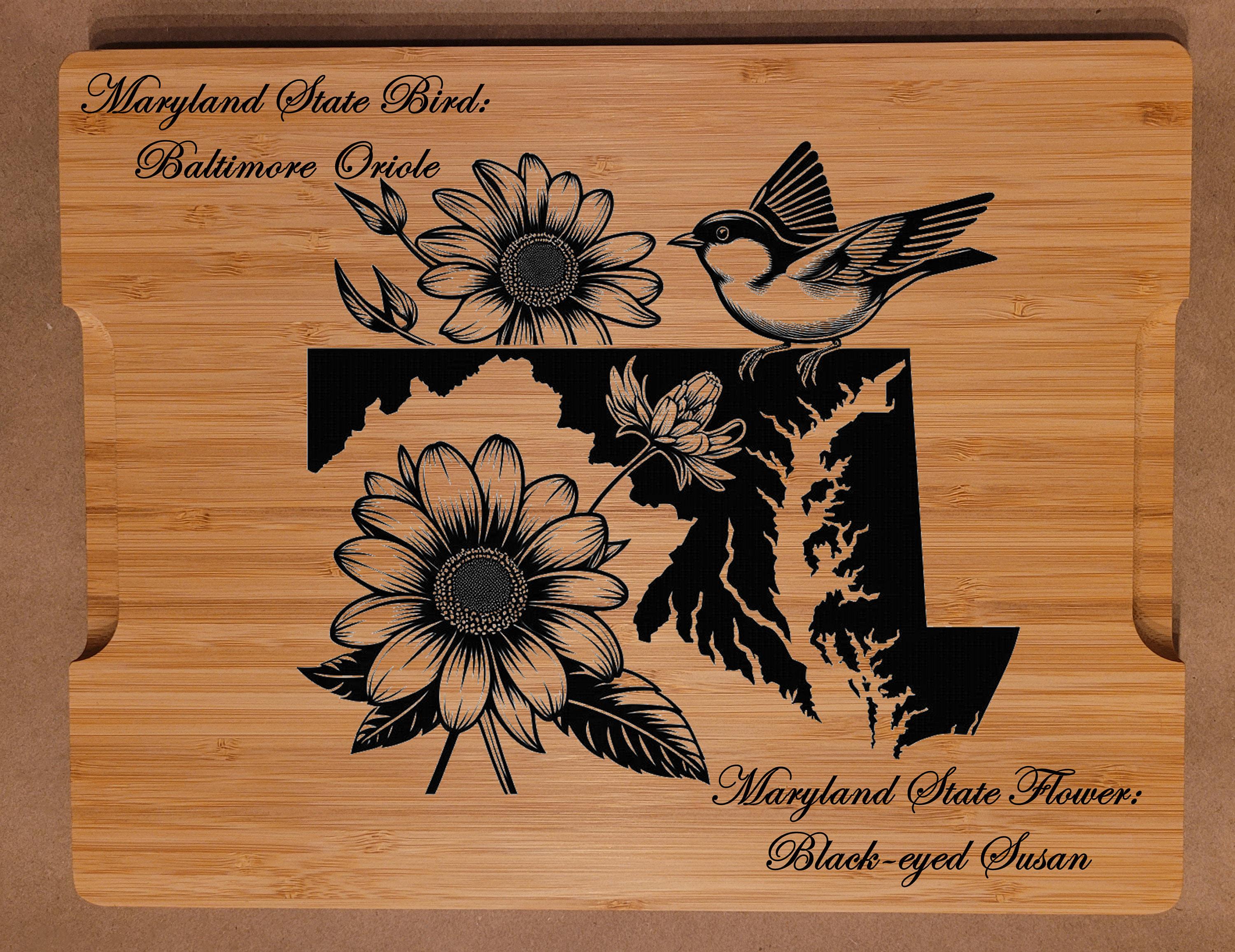 Personalized Maryland State Bird and Flower Bamboo Cutting Board