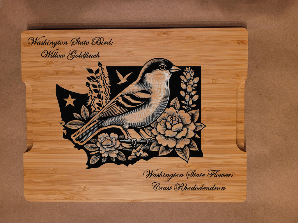 Engraved Washington State Bird and Flower Bamboo Cutting Board