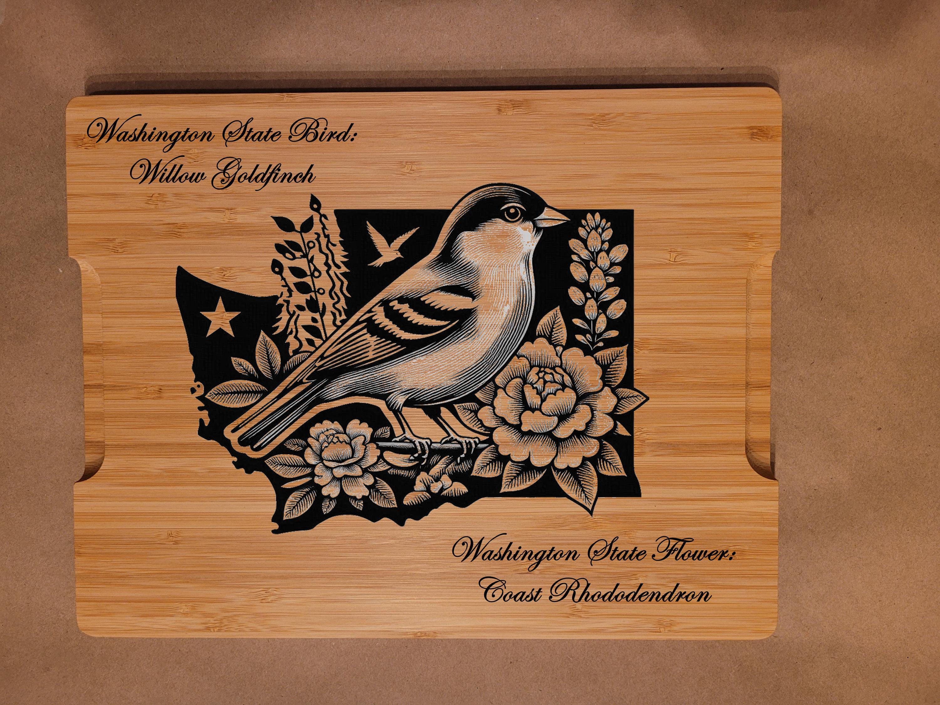 Engraved Washington State Bird and Flower Bamboo Cutting Board